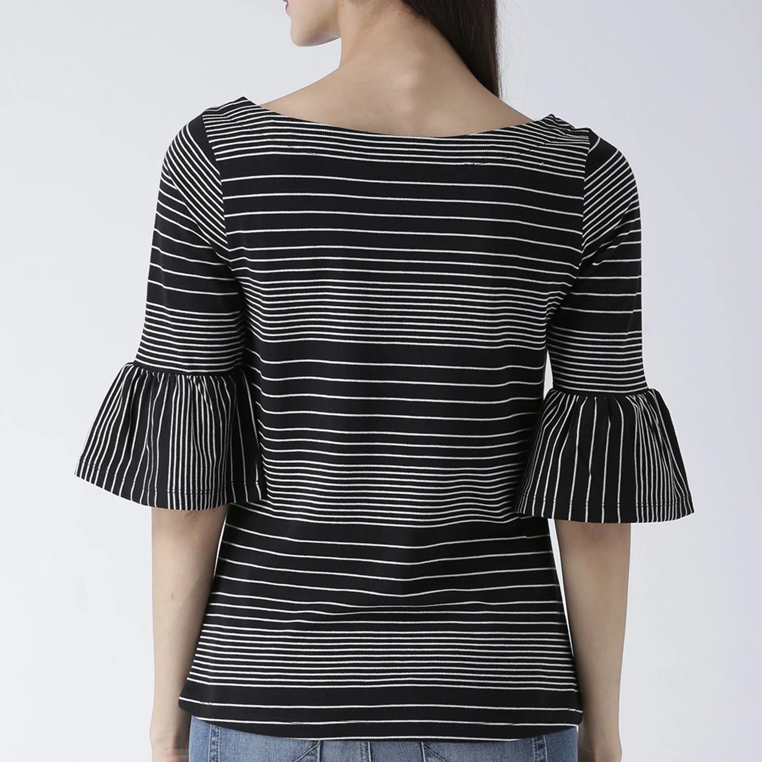 Black Stripes Top With Flared Sleeves