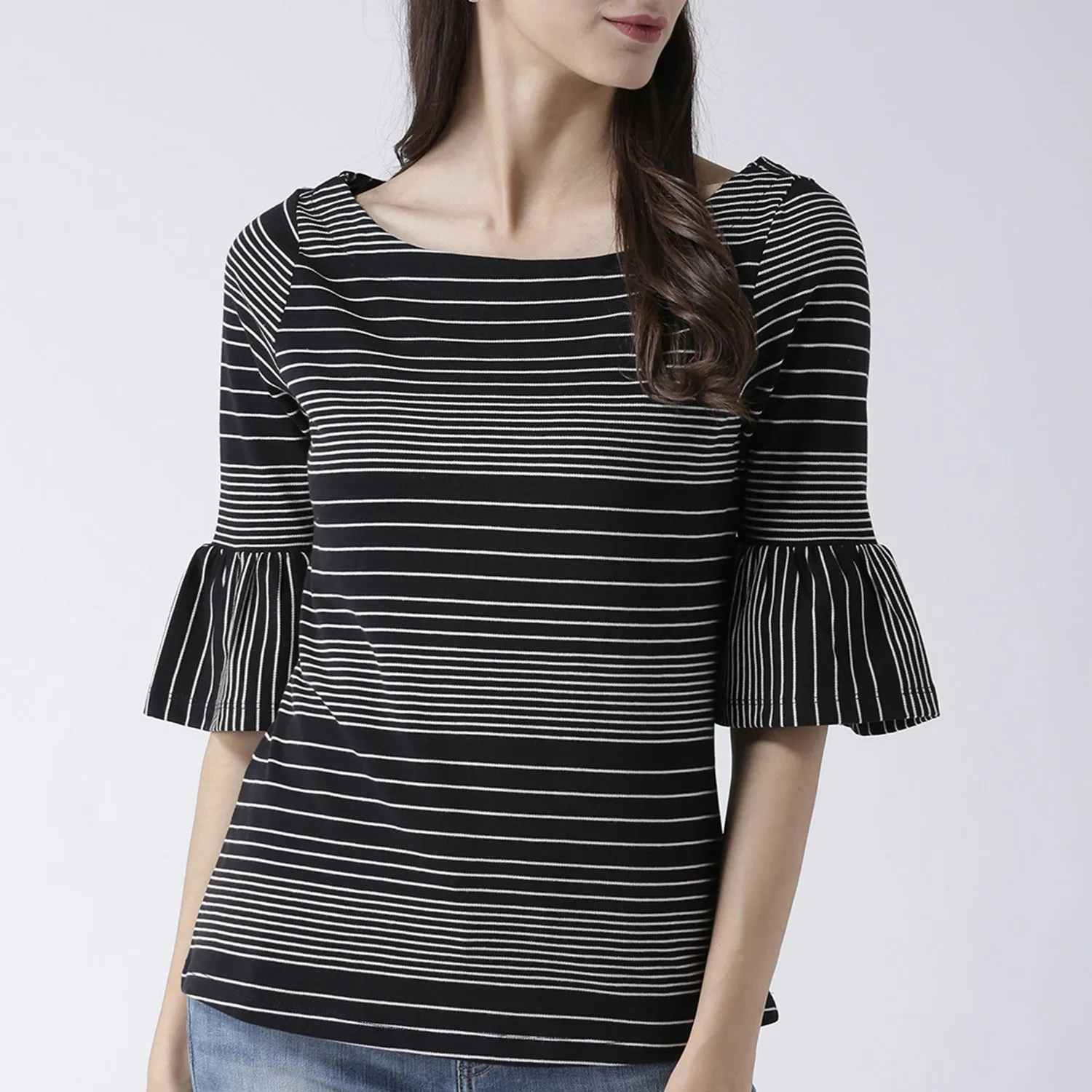 Black Stripes Top With Flared Sleeves