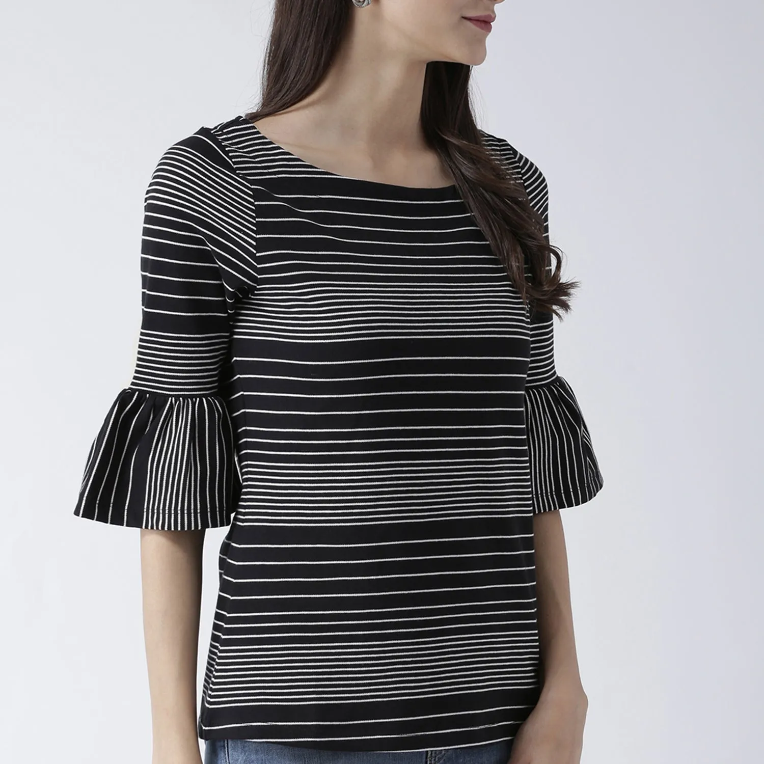 Black Stripes Top With Flared Sleeves