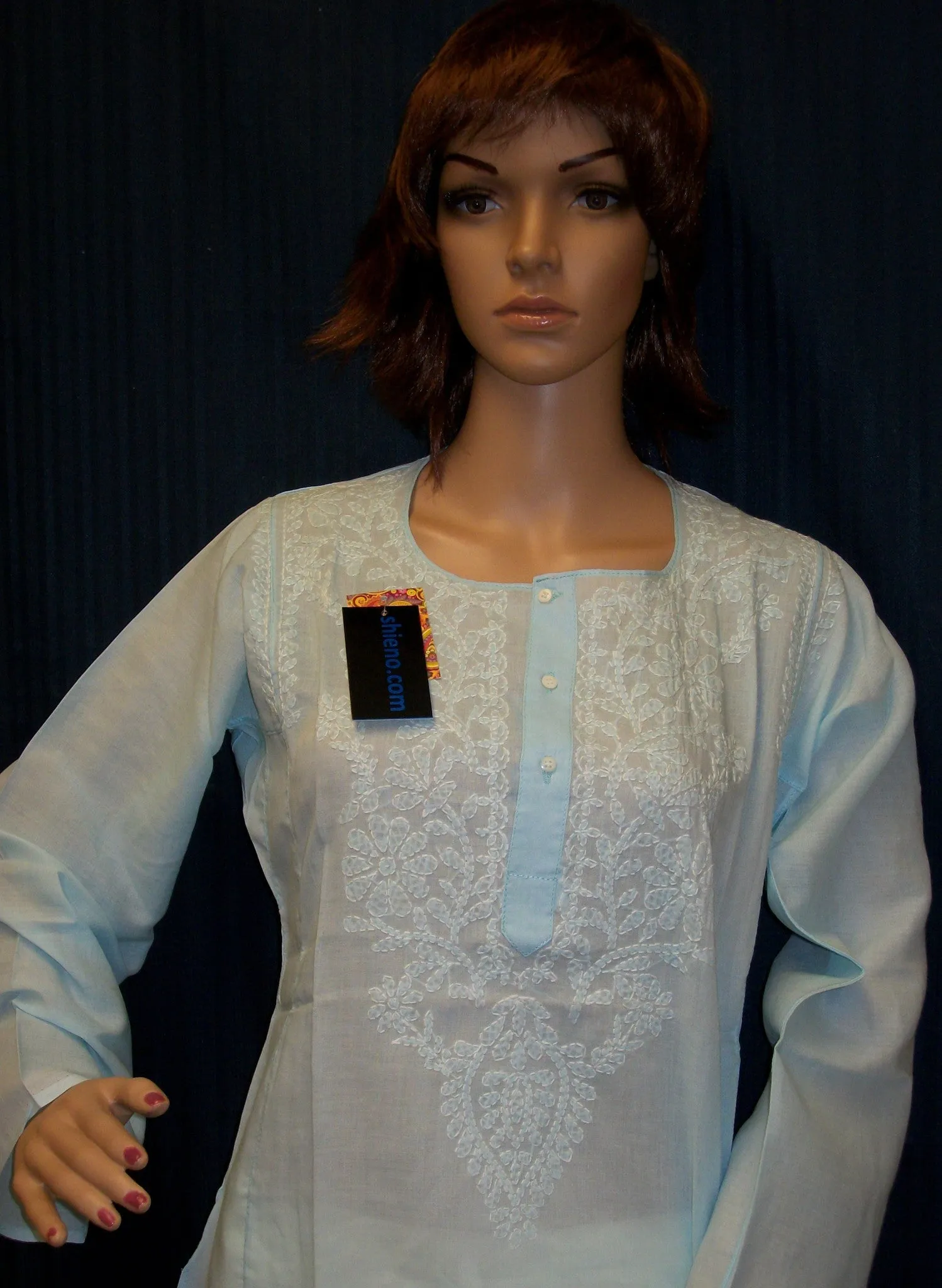 Blouse 4457 Light Blue Cotton Embroidered Kurti Tunic Shirt Shieno Sarees