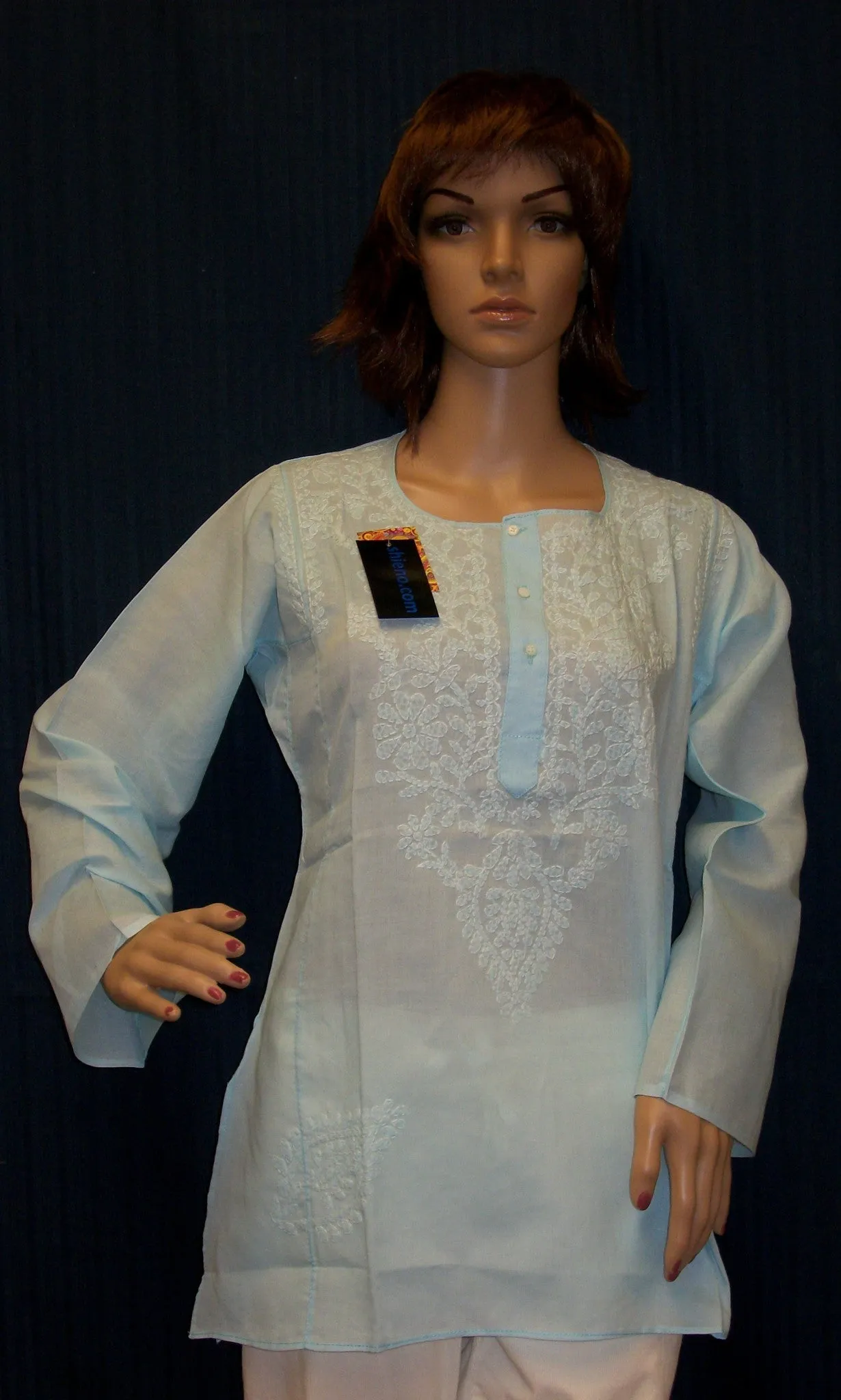 Blouse 4457 Light Blue Cotton Embroidered Kurti Tunic Shirt Shieno Sarees