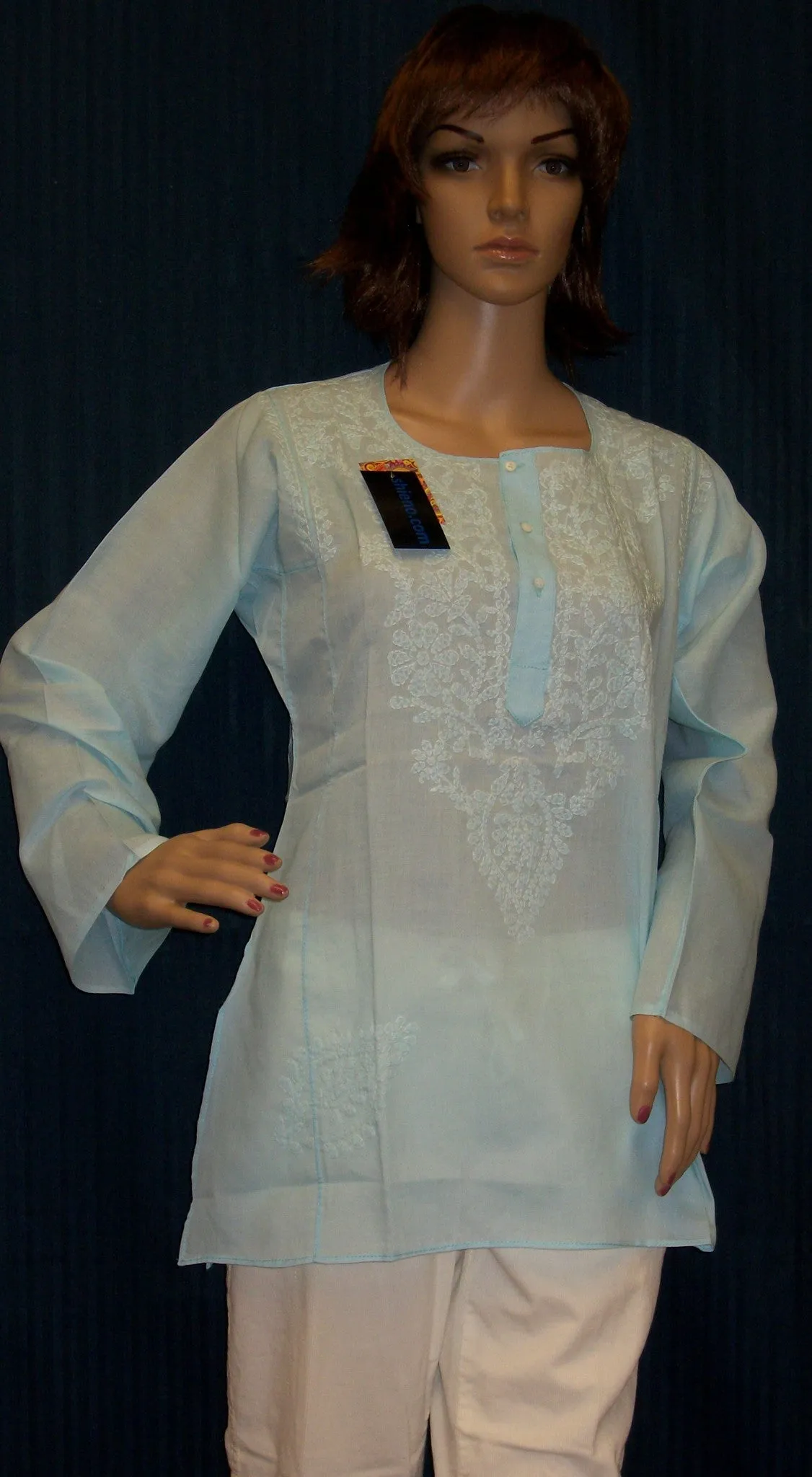 Blouse 4457 Light Blue Cotton Embroidered Kurti Tunic Shirt Shieno Sarees