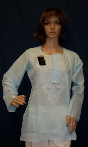 Blouse 4457 Light Blue Cotton Embroidered Kurti Tunic Shirt Shieno Sarees