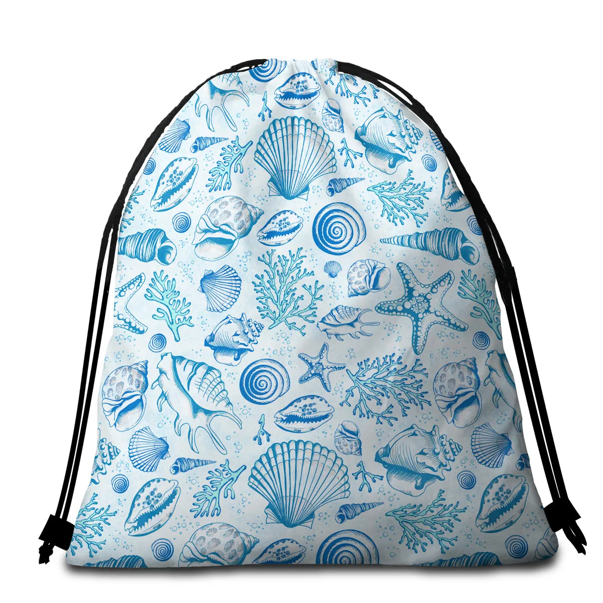 Blue Seashells Round Beach Towel