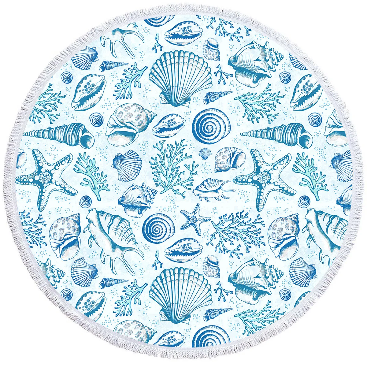 Blue Seashells Round Beach Towel