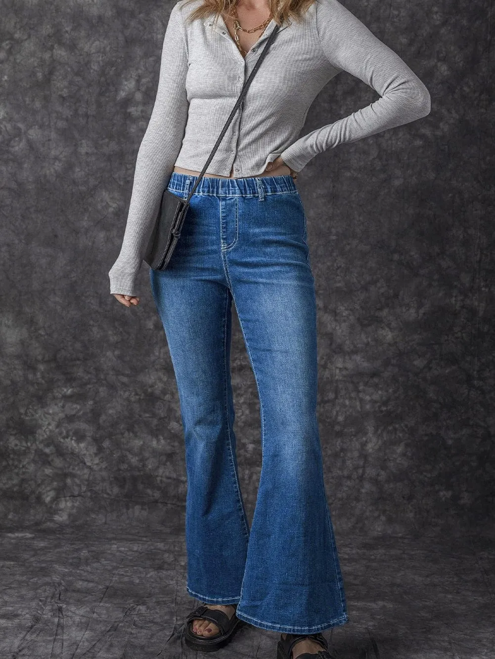 Blue Stretchy High-Rise Flared Denim Pants