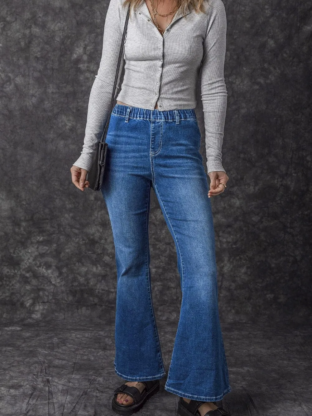 Blue Stretchy High-Rise Flared Denim Pants