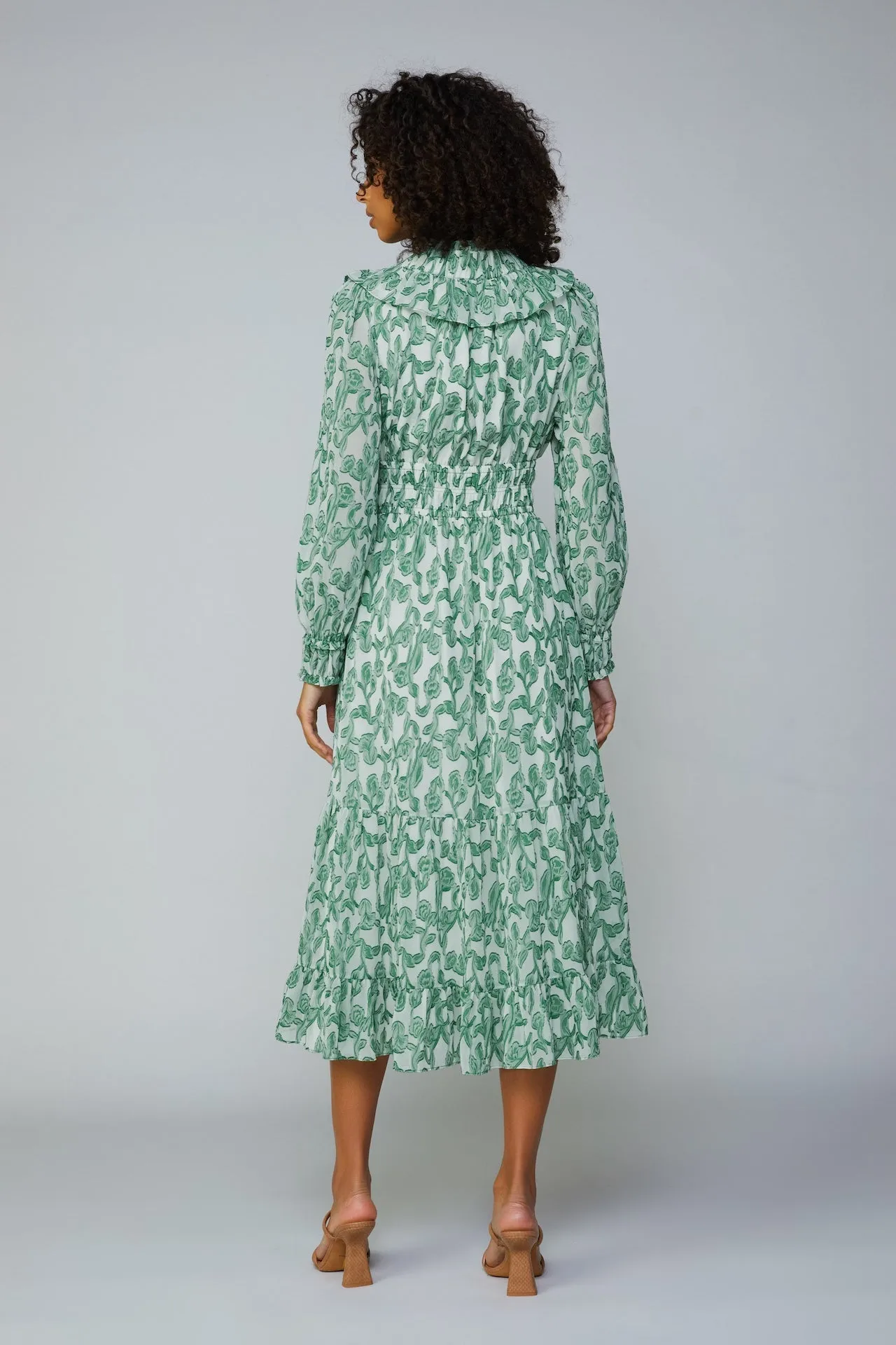 Botanical Jacquard Smocked Midi Dress