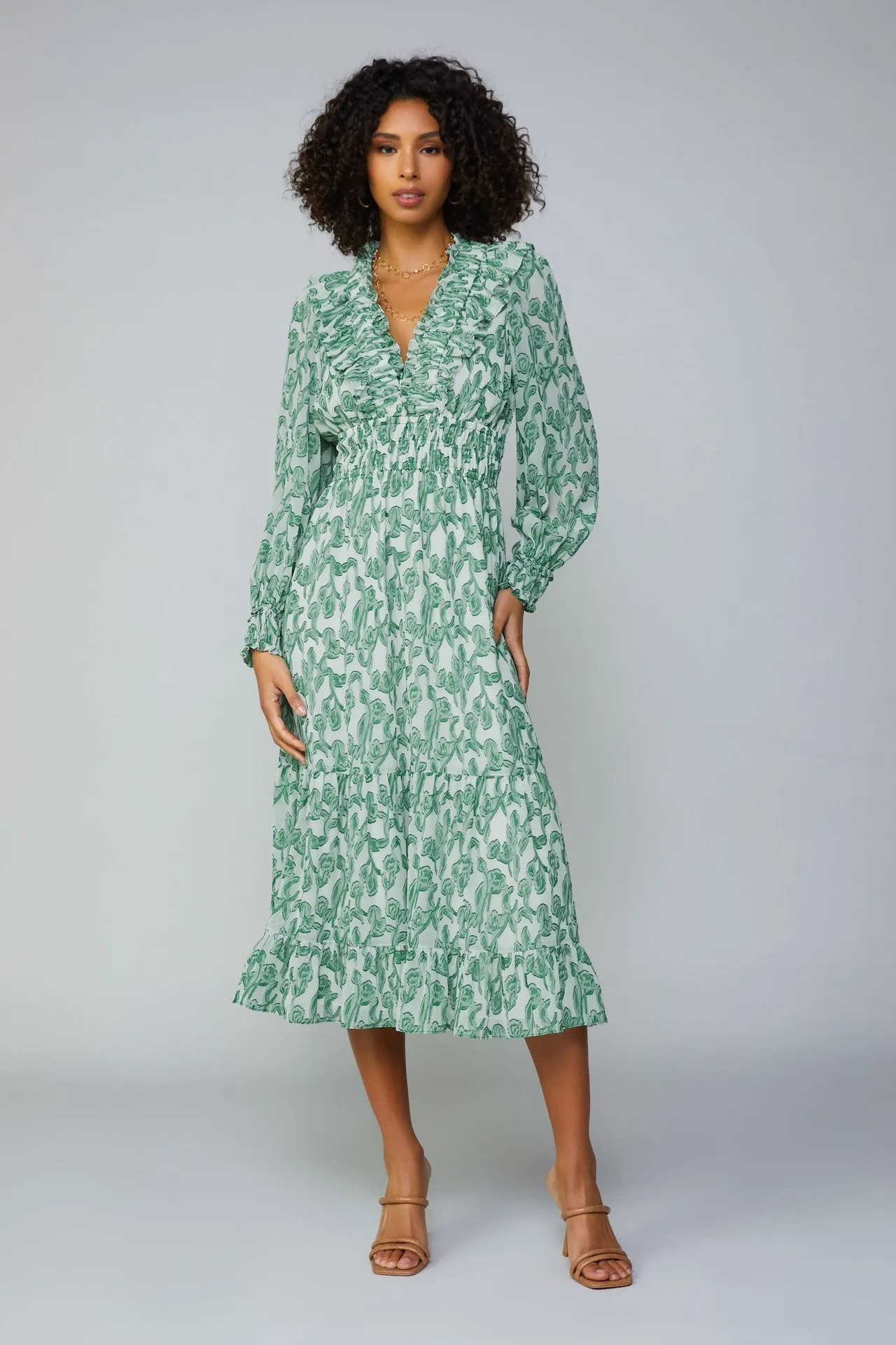 Botanical Jacquard Smocked Midi Dress