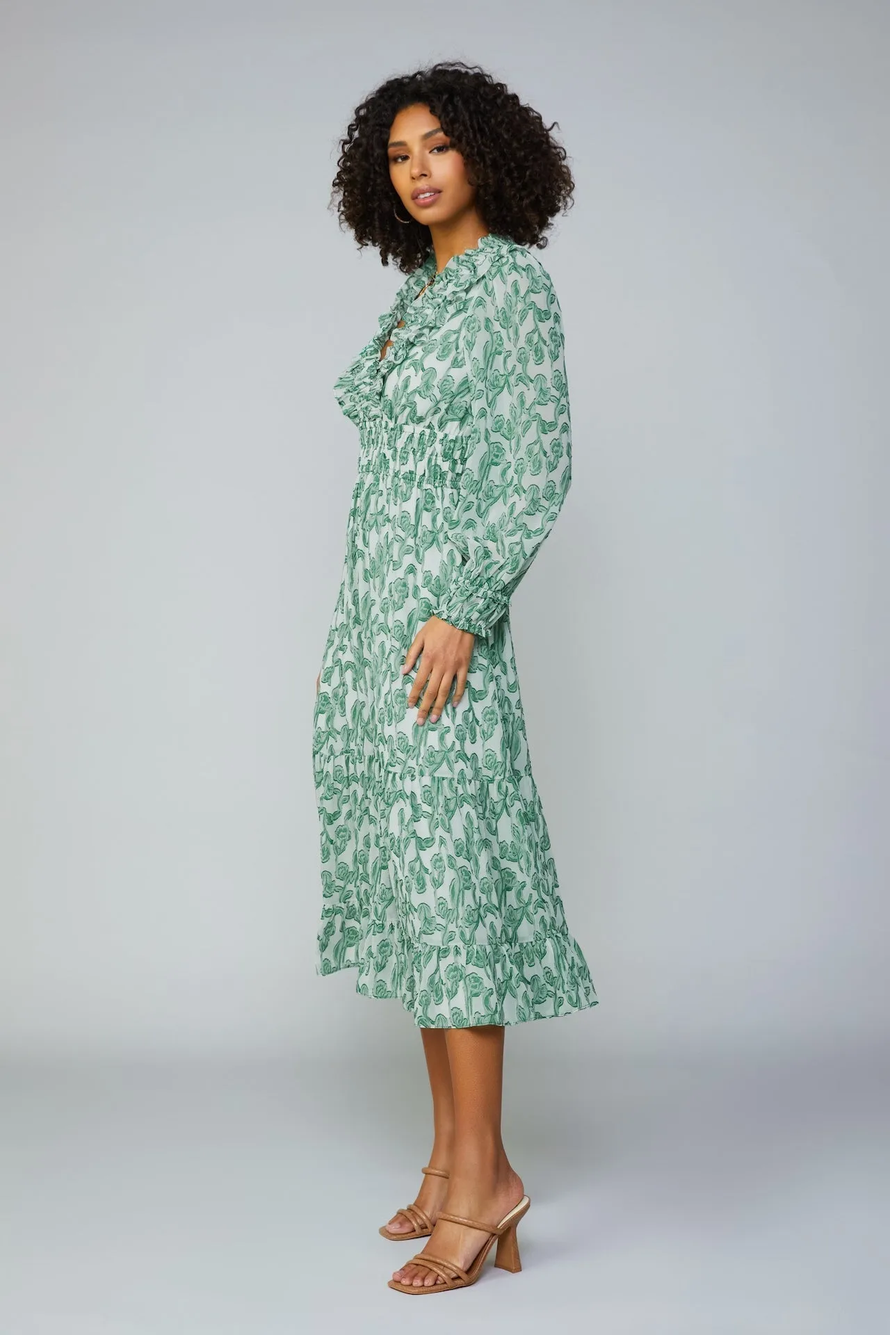 Botanical Jacquard Smocked Midi Dress