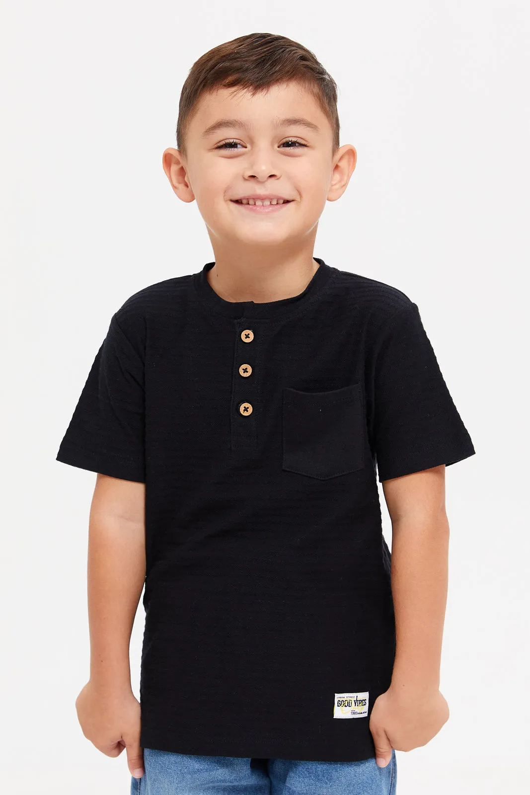 Boys Black Henley Jacquard T-Shirt