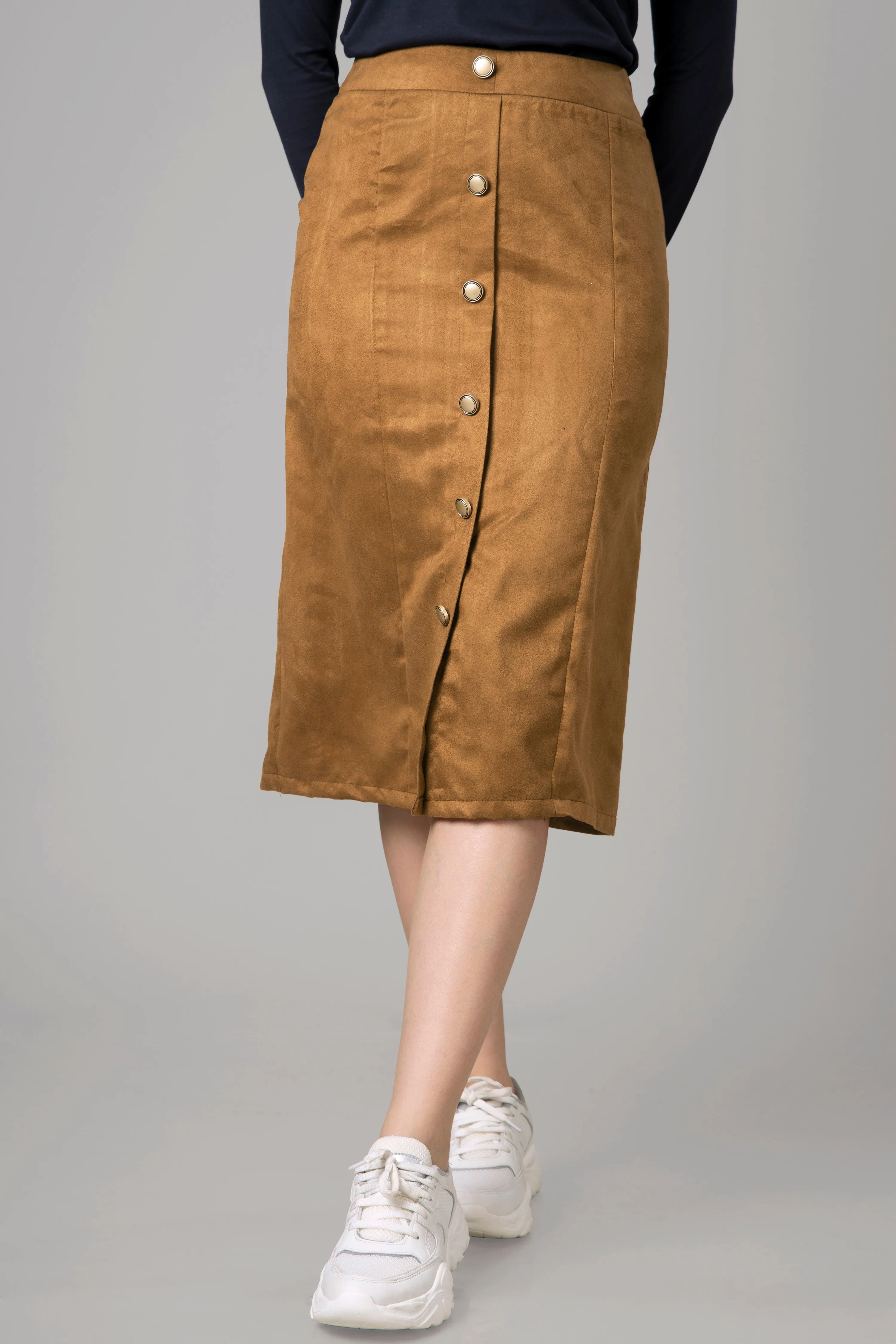 Bronze Suede Pencil Midi Skirt For Women