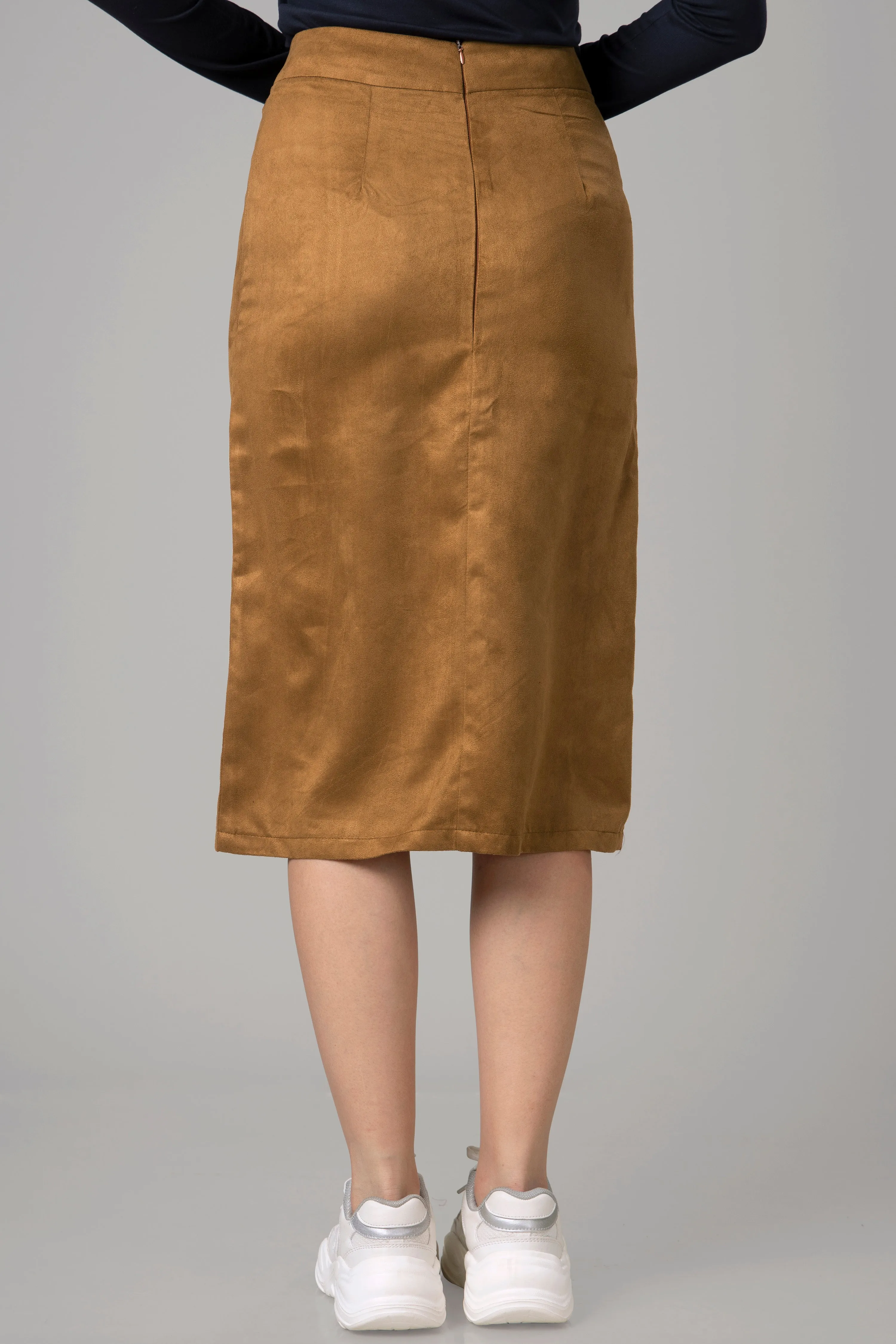 Bronze Suede Pencil Midi Skirt For Women