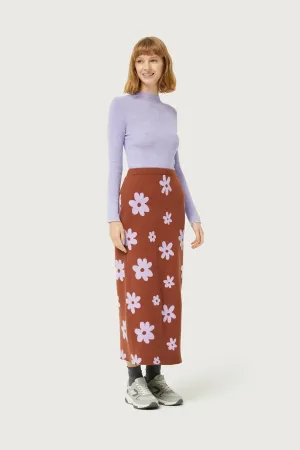 Brown Floral Print Knitted Jacquard Skirt