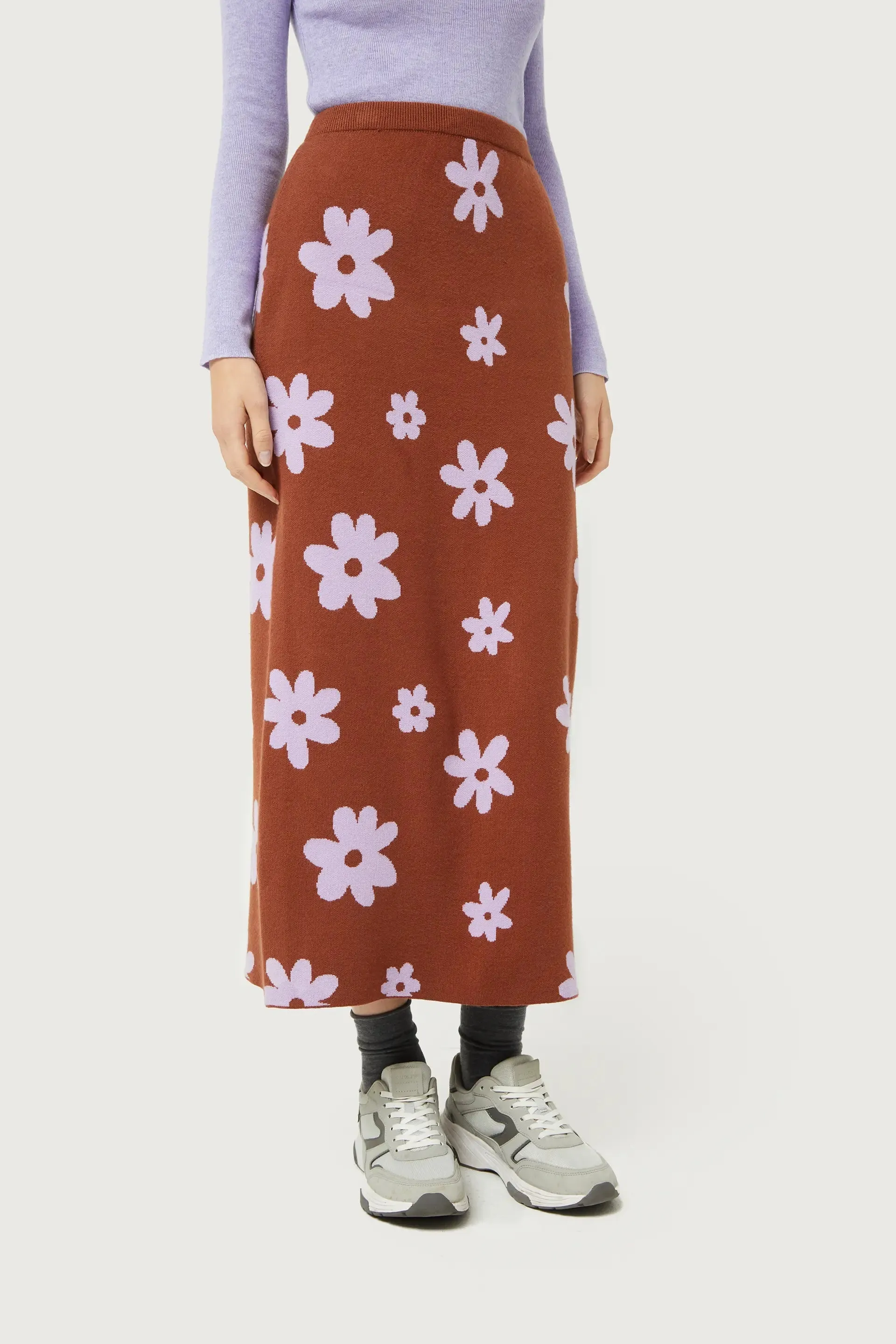 Brown Floral Print Knitted Jacquard Skirt