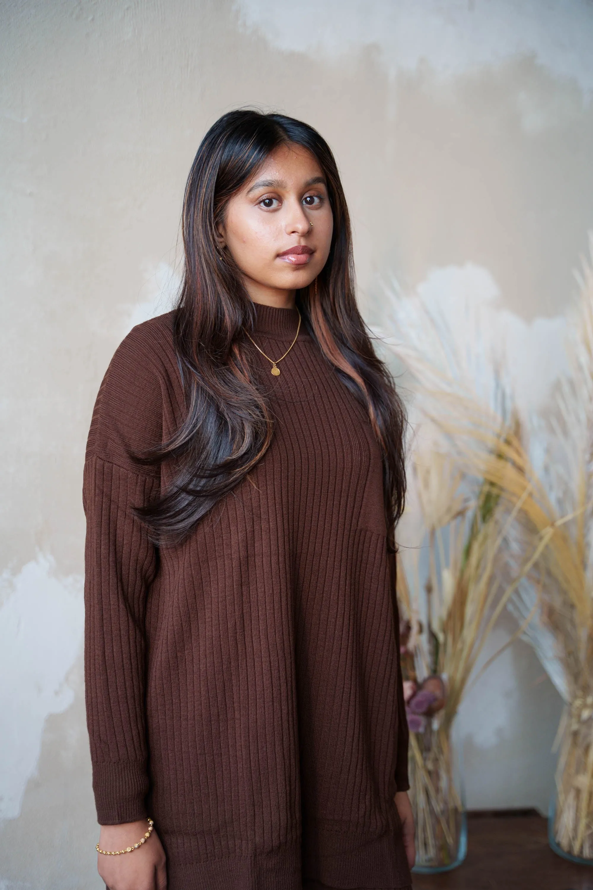 Brown Ribbed Pocket Tunic and Pants Set