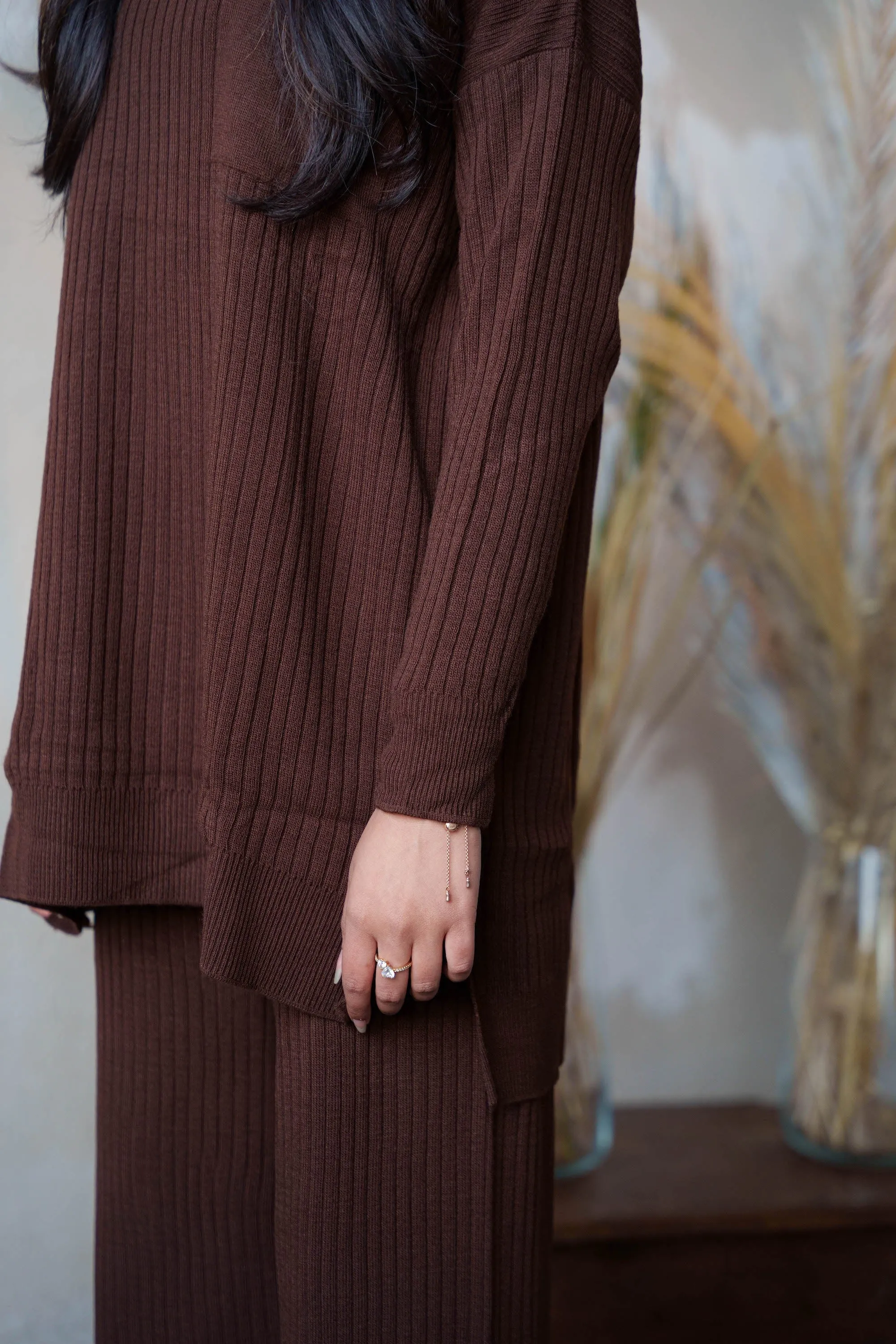 Brown Ribbed Pocket Tunic and Pants Set