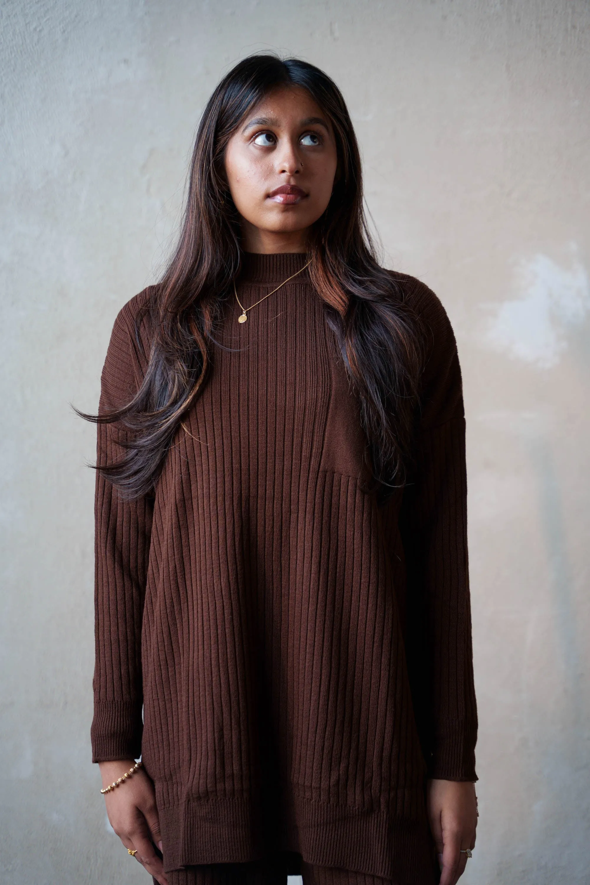 Brown Ribbed Pocket Tunic and Pants Set