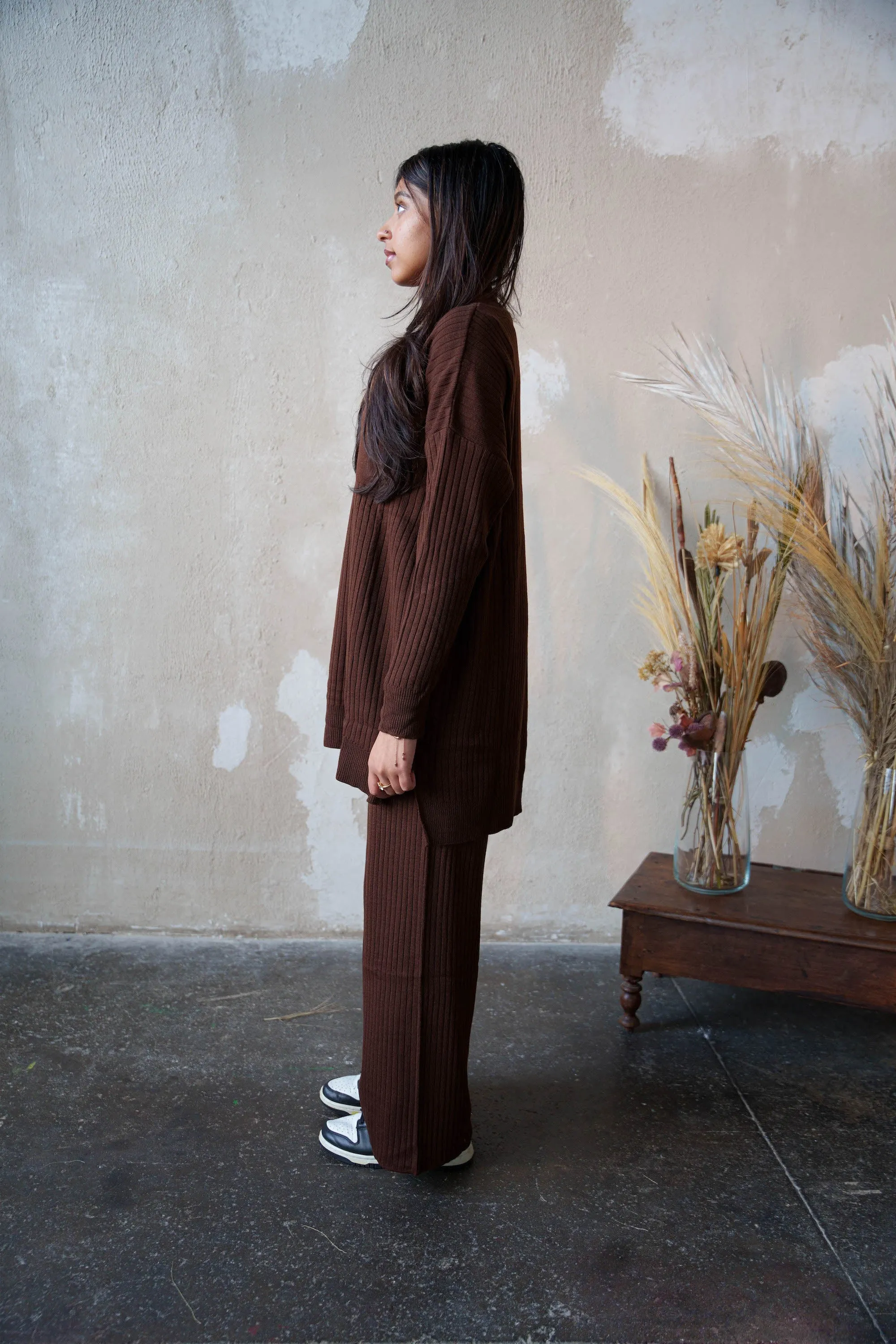 Brown Ribbed Pocket Tunic and Pants Set