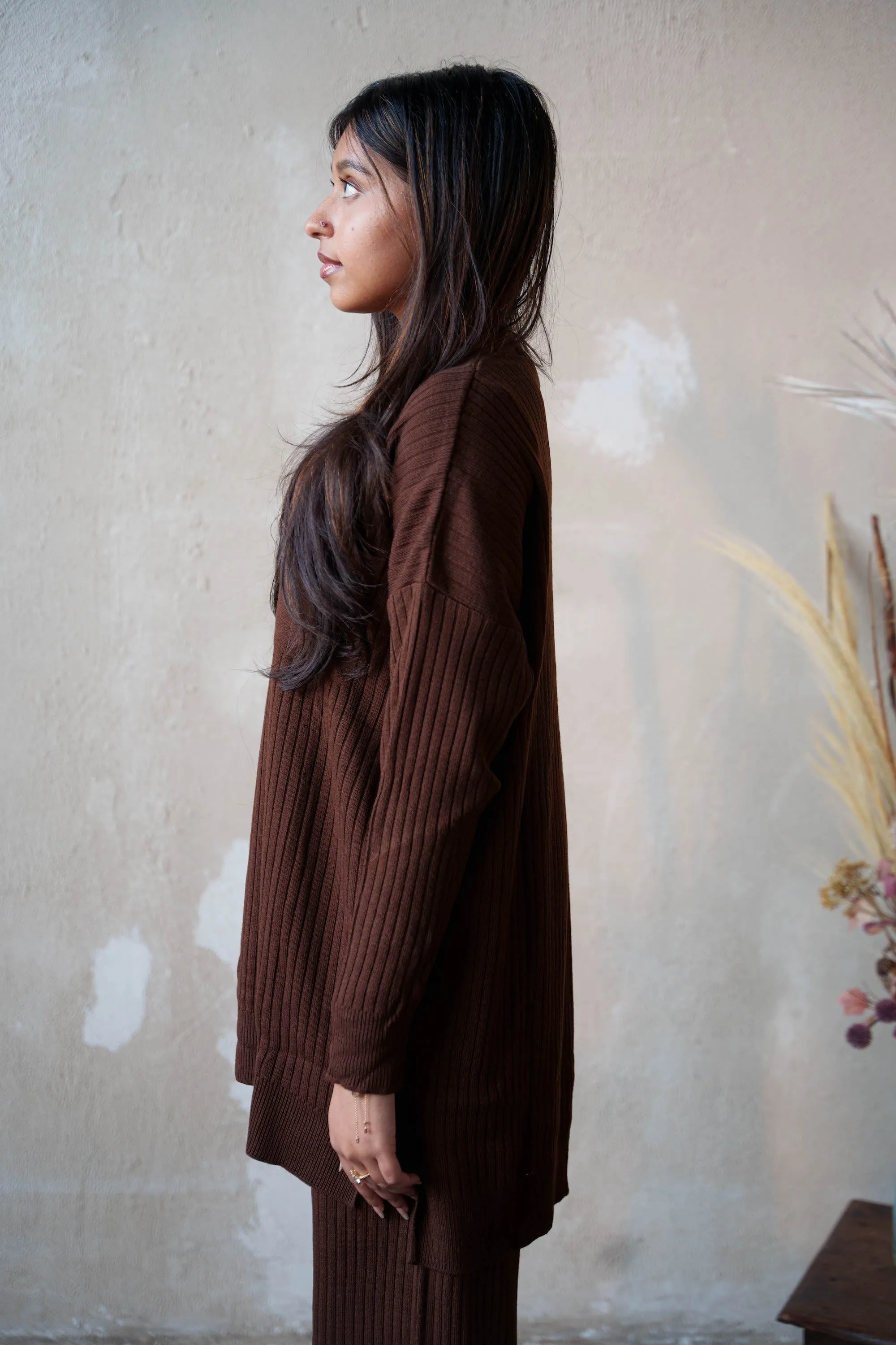 Brown Ribbed Pocket Tunic and Pants Set