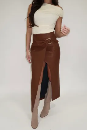 Brown Wrap Front Leather Skirt