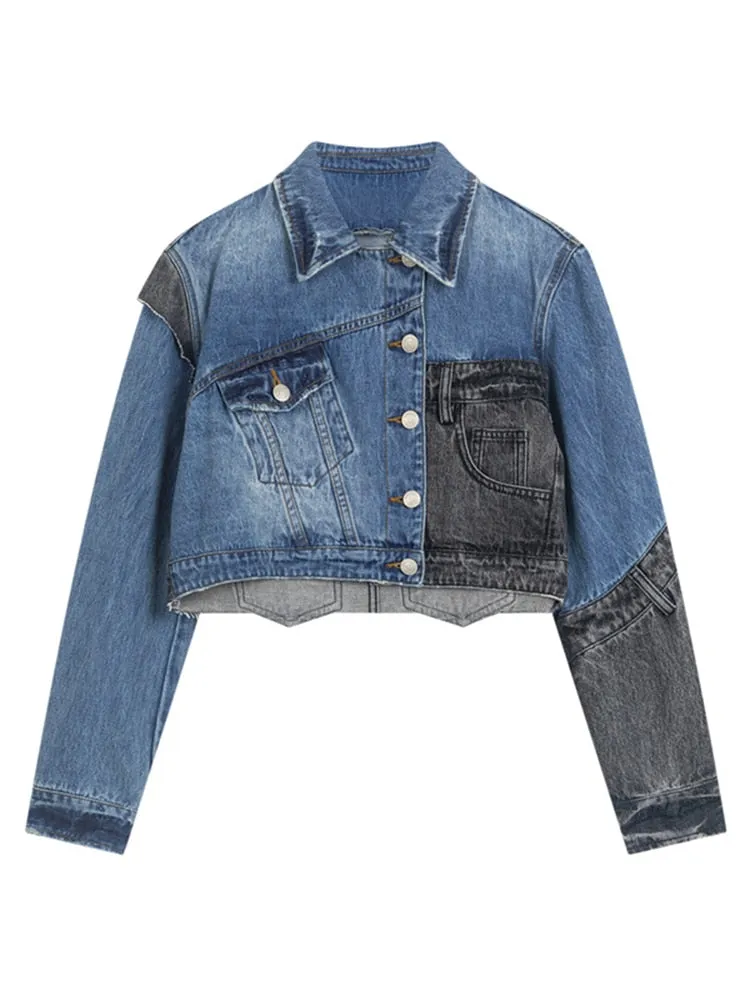 Casual Denim Jackets For Women Lapel Long Sleeve Hit Color Patchwork Single Breasted Short Jacket Female Fashion