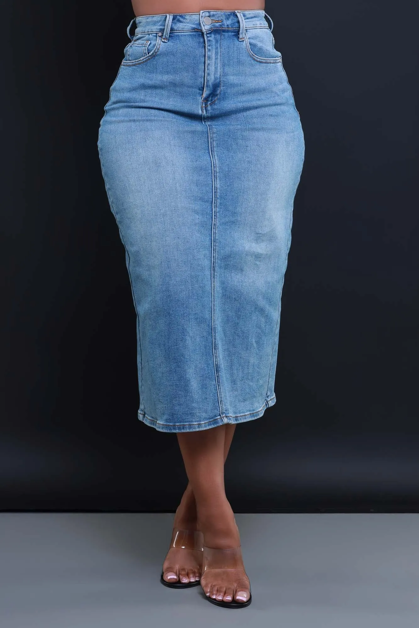 Cleaned Up High Rise Denim Midi Skirt