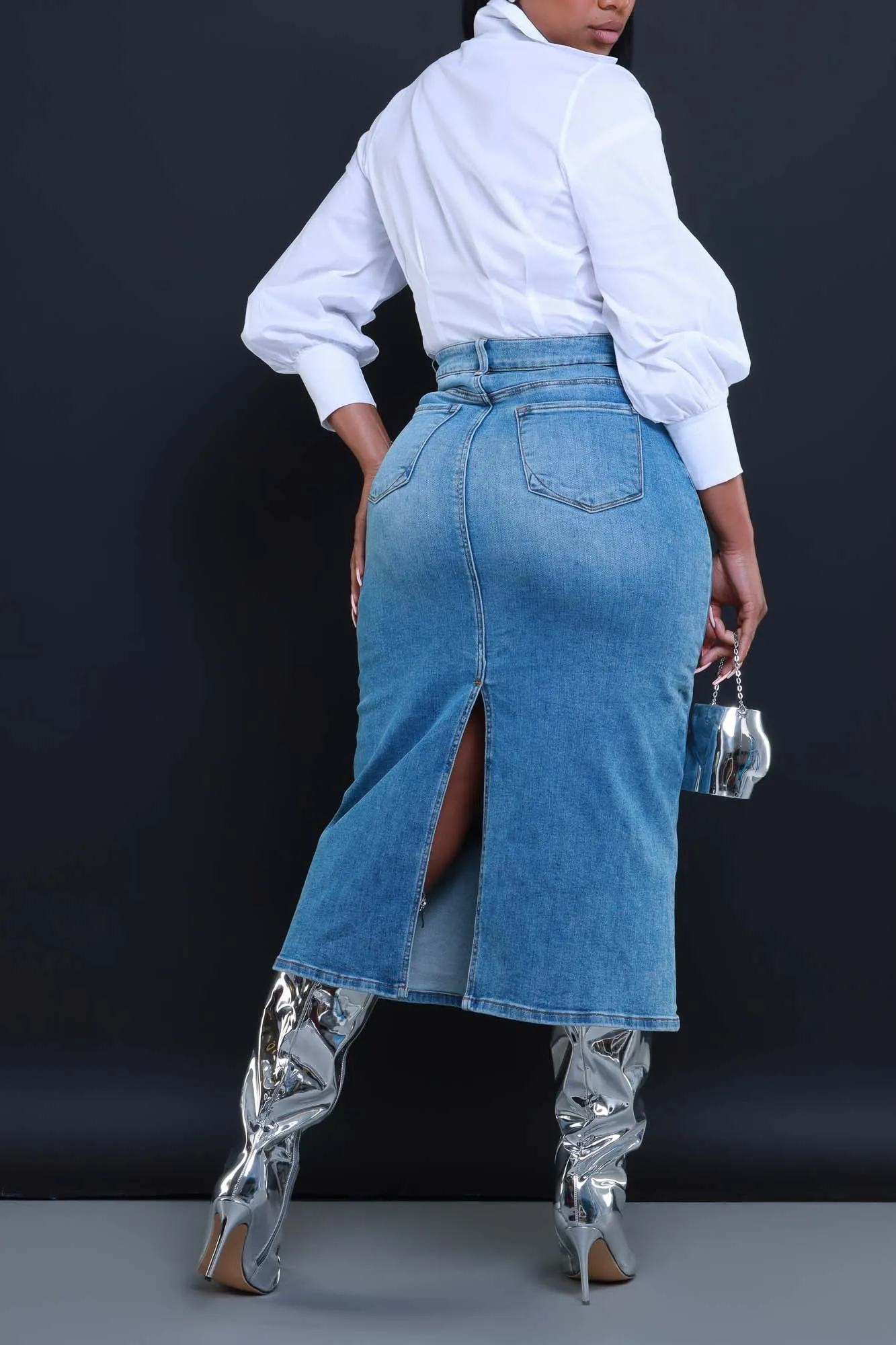 Cleaned Up High Rise Denim Midi Skirt