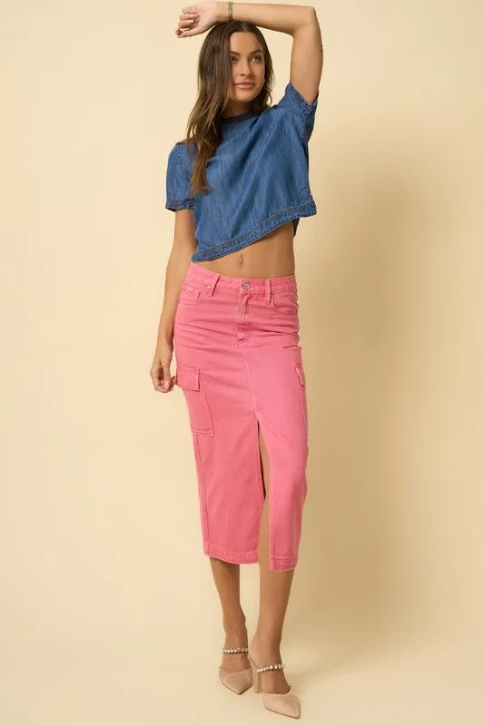 Color Cargo Denim Midi Skirt