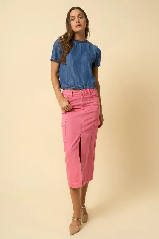 Color Cargo Denim Midi Skirt