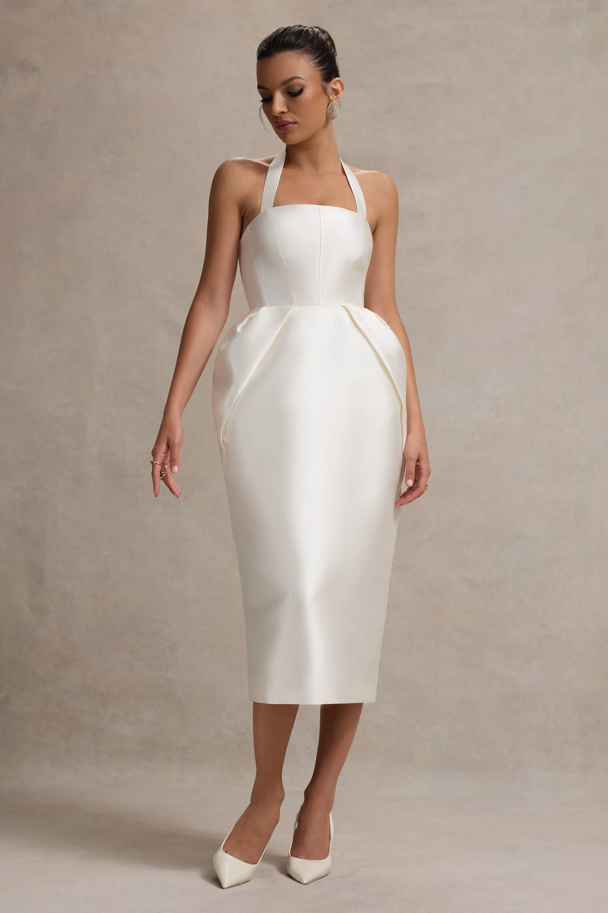 Cosetta | White Halter-Neck Midi Dress With Tulip Skirt