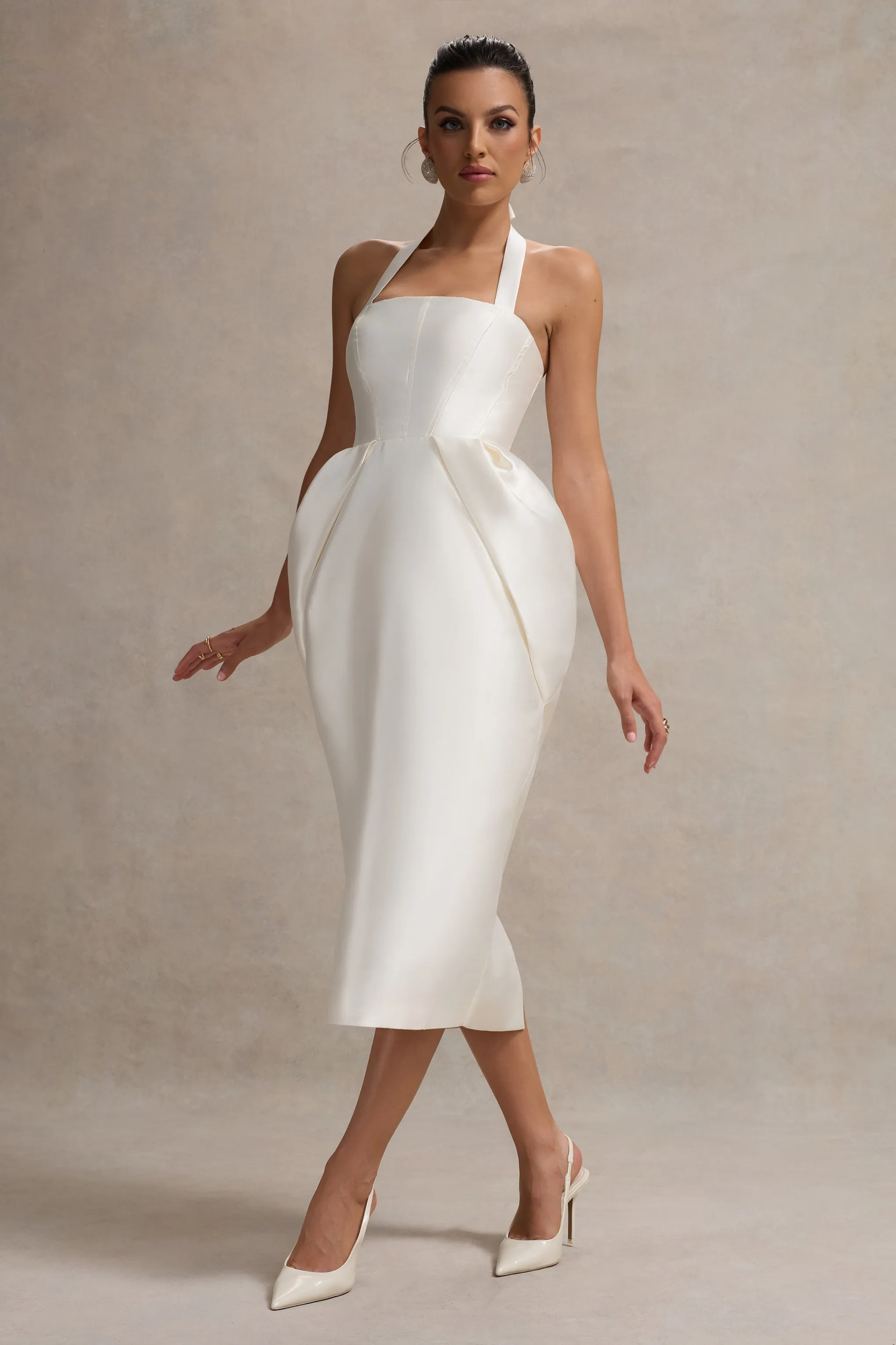 Cosetta | White Halter-Neck Midi Dress With Tulip Skirt