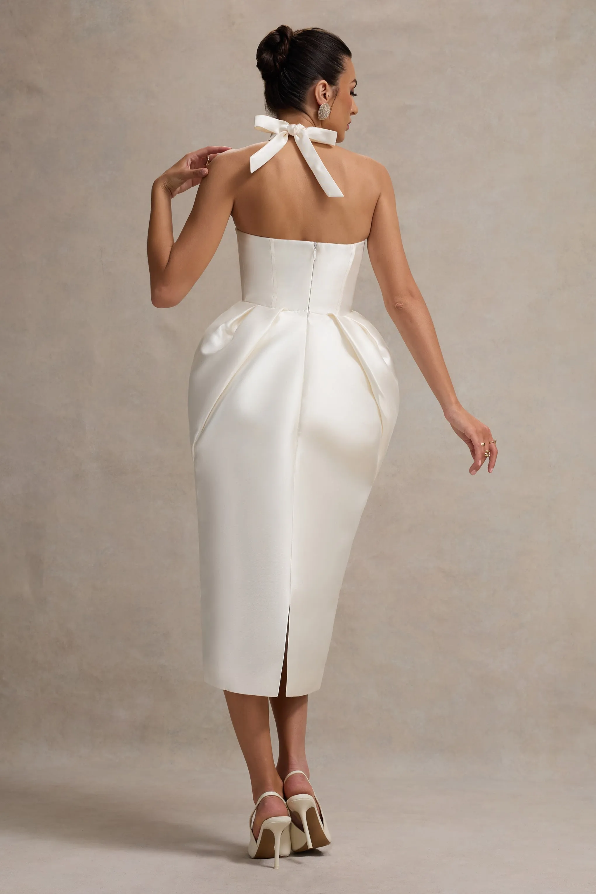 Cosetta | White Halter-Neck Midi Dress With Tulip Skirt