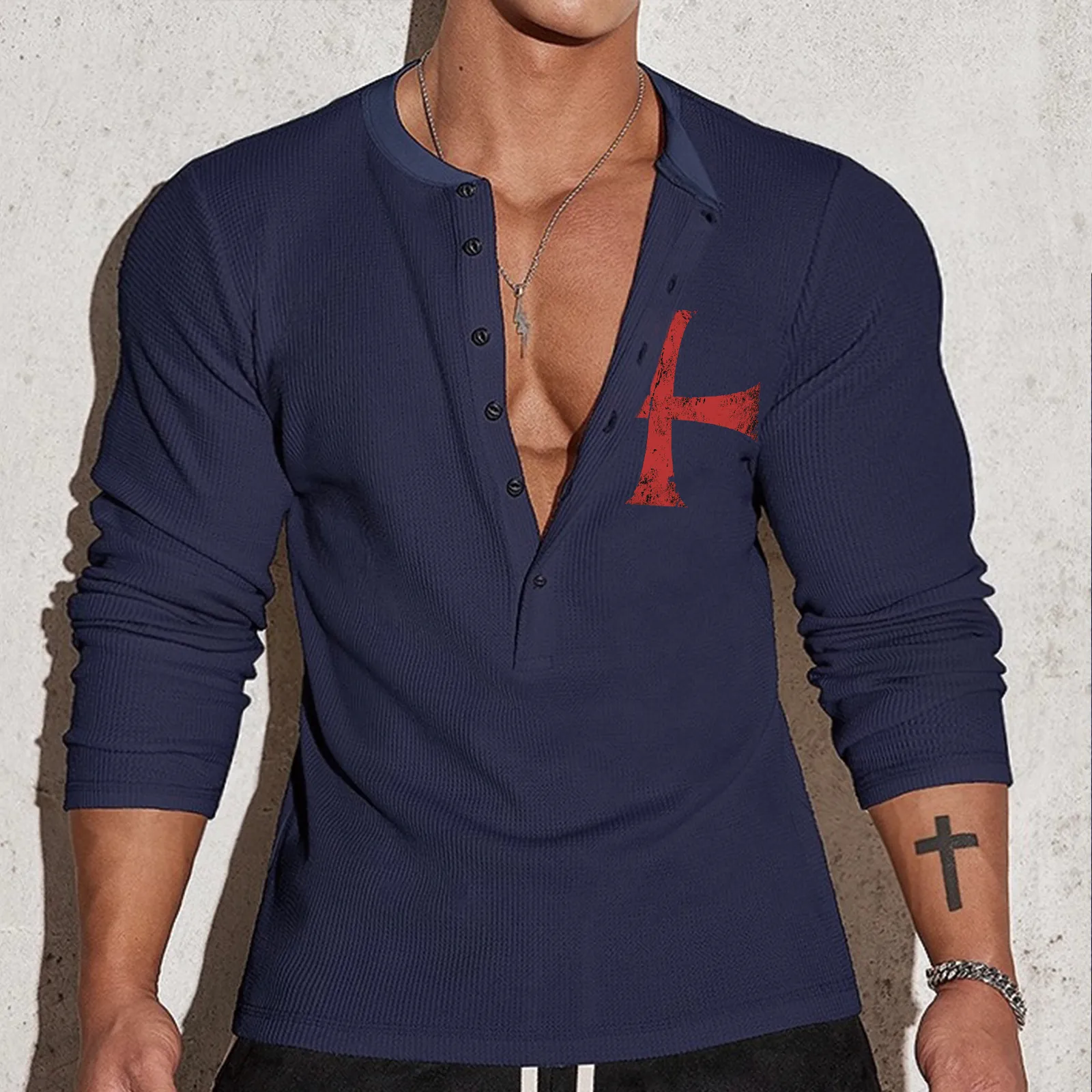 CROSS HALF BUTTON HENLEY NECK GRAPHIC LONG SLEEVE T-SHIRT