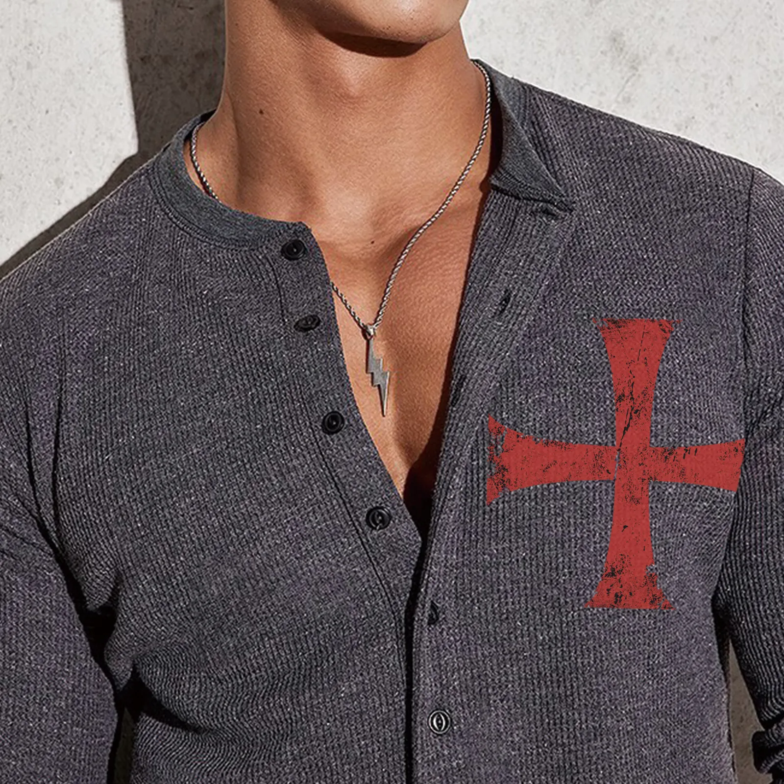 CROSS HALF BUTTON HENLEY NECK GRAPHIC LONG SLEEVE T-SHIRT