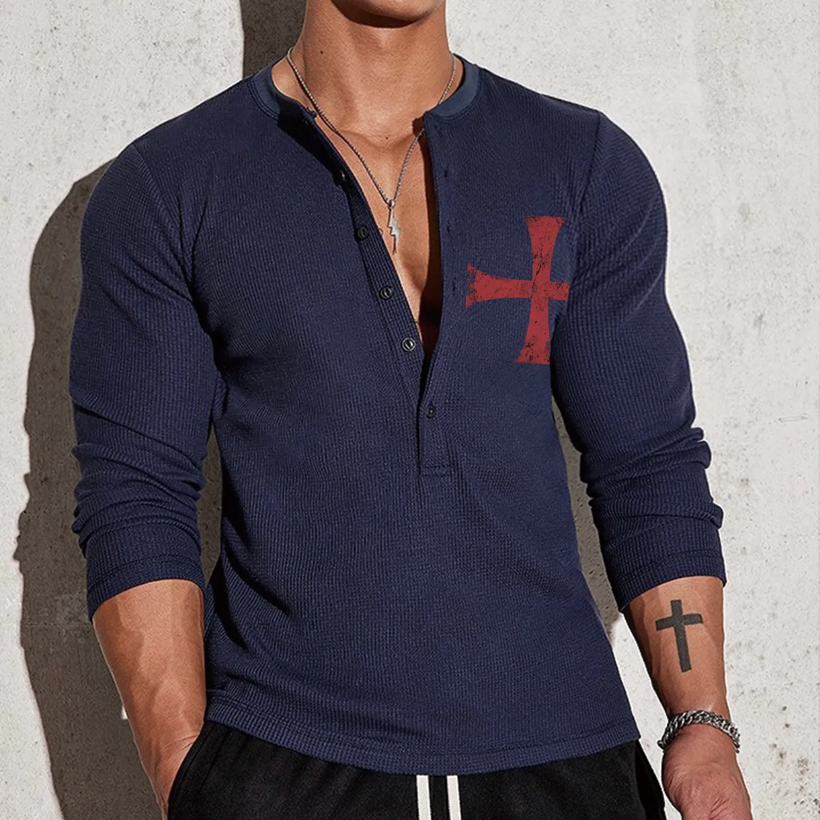 CROSS HALF BUTTON HENLEY NECK GRAPHIC LONG SLEEVE T-SHIRT