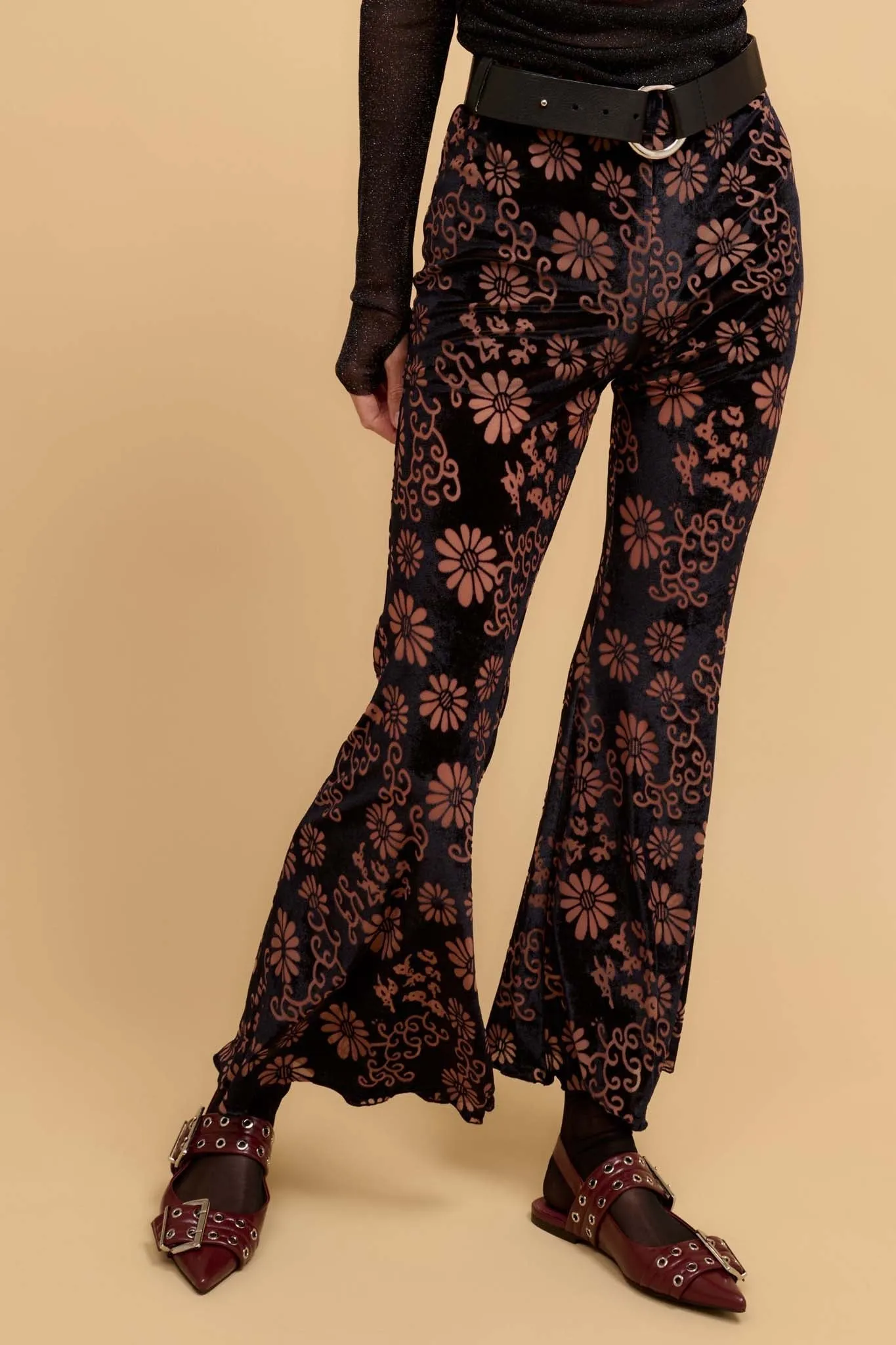 Daisy Delight Floral Burnout Velvet Flare Pants