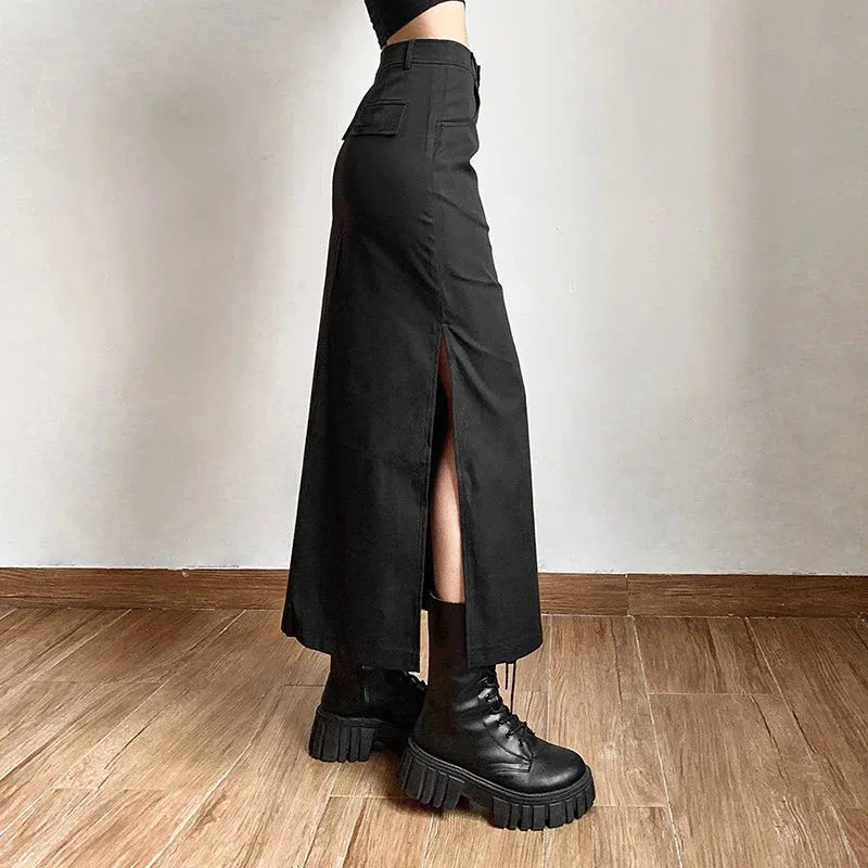 Dark Y2K Streetwear Black Cargo Midi Skirt with High Waist and Split Design