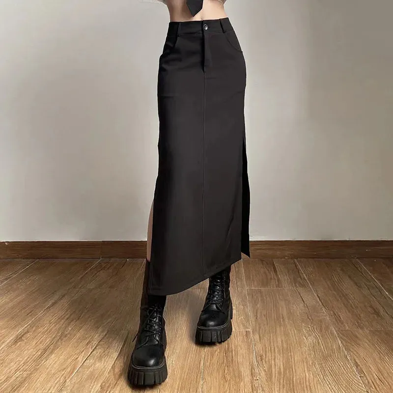 Dark Y2K Streetwear Black Cargo Midi Skirt with High Waist and Split Design