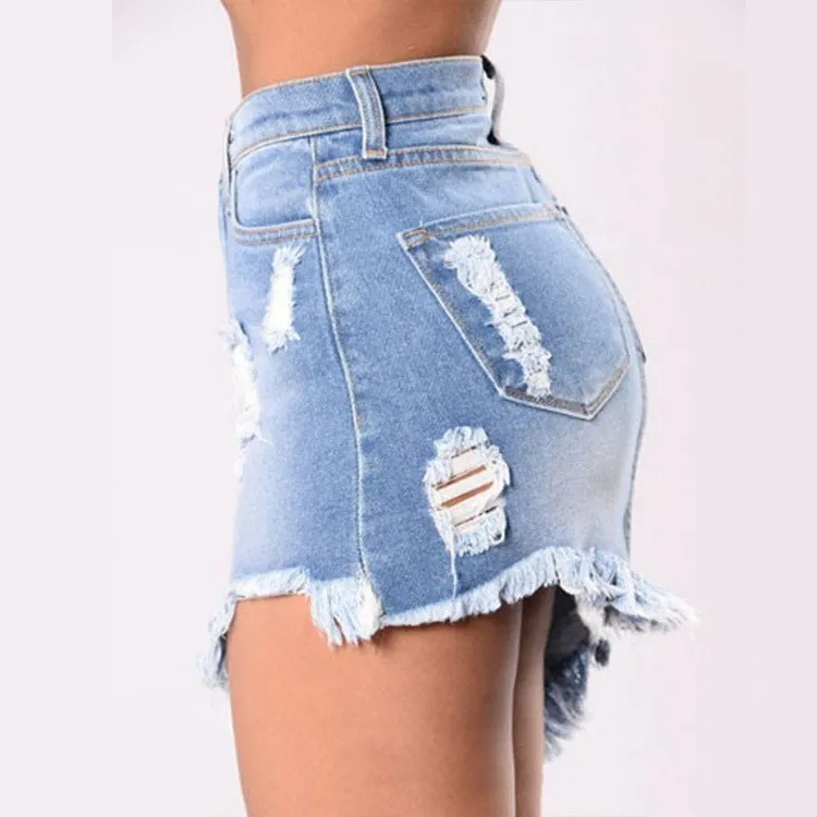 Denim Ripped Tassel High Waist Sharp Edge Irregular Cutting Pencil Mini Skirt