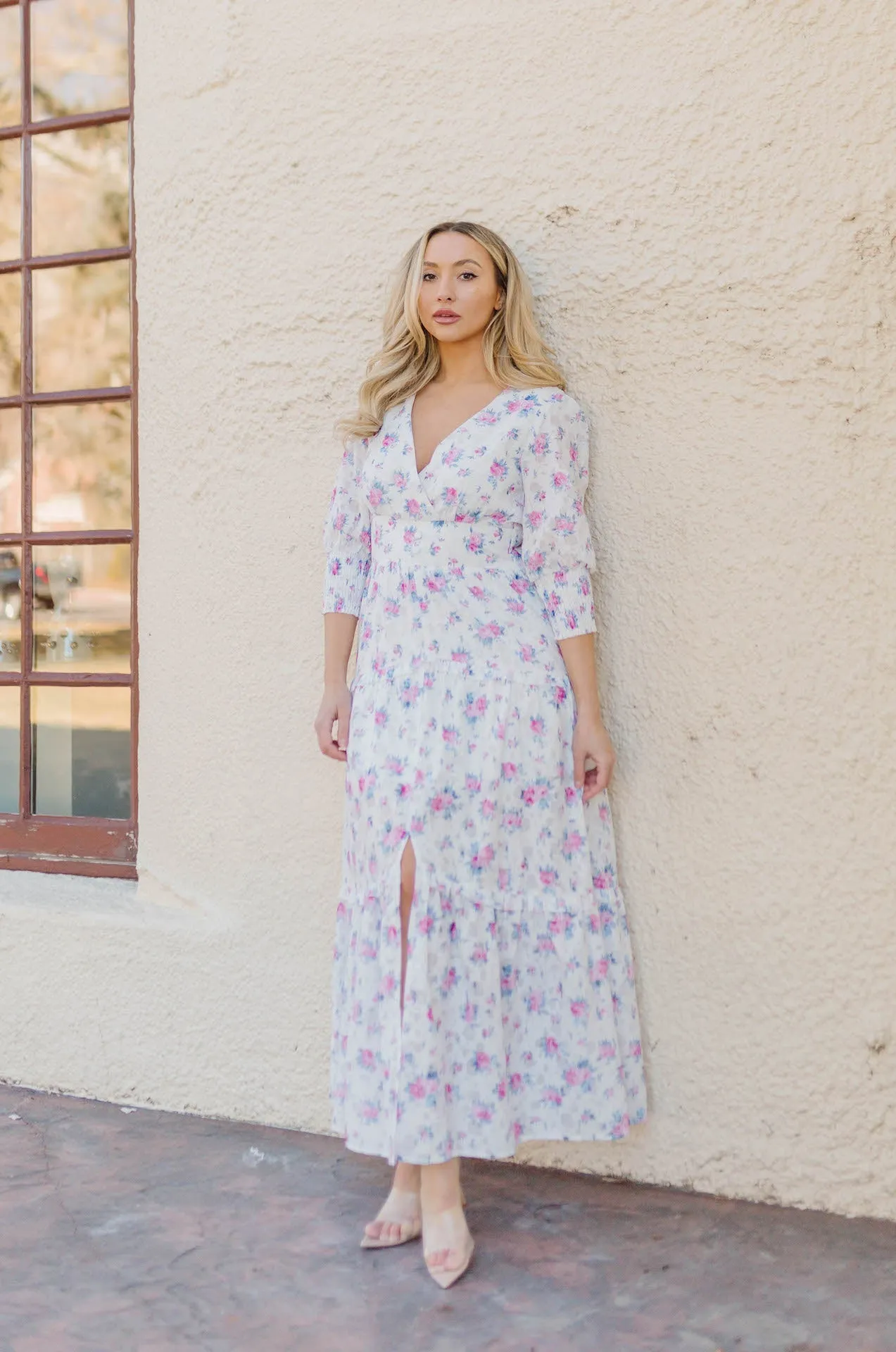 Ellese Pink Floral 3/4 Sleeve Tiered Maxi Dress