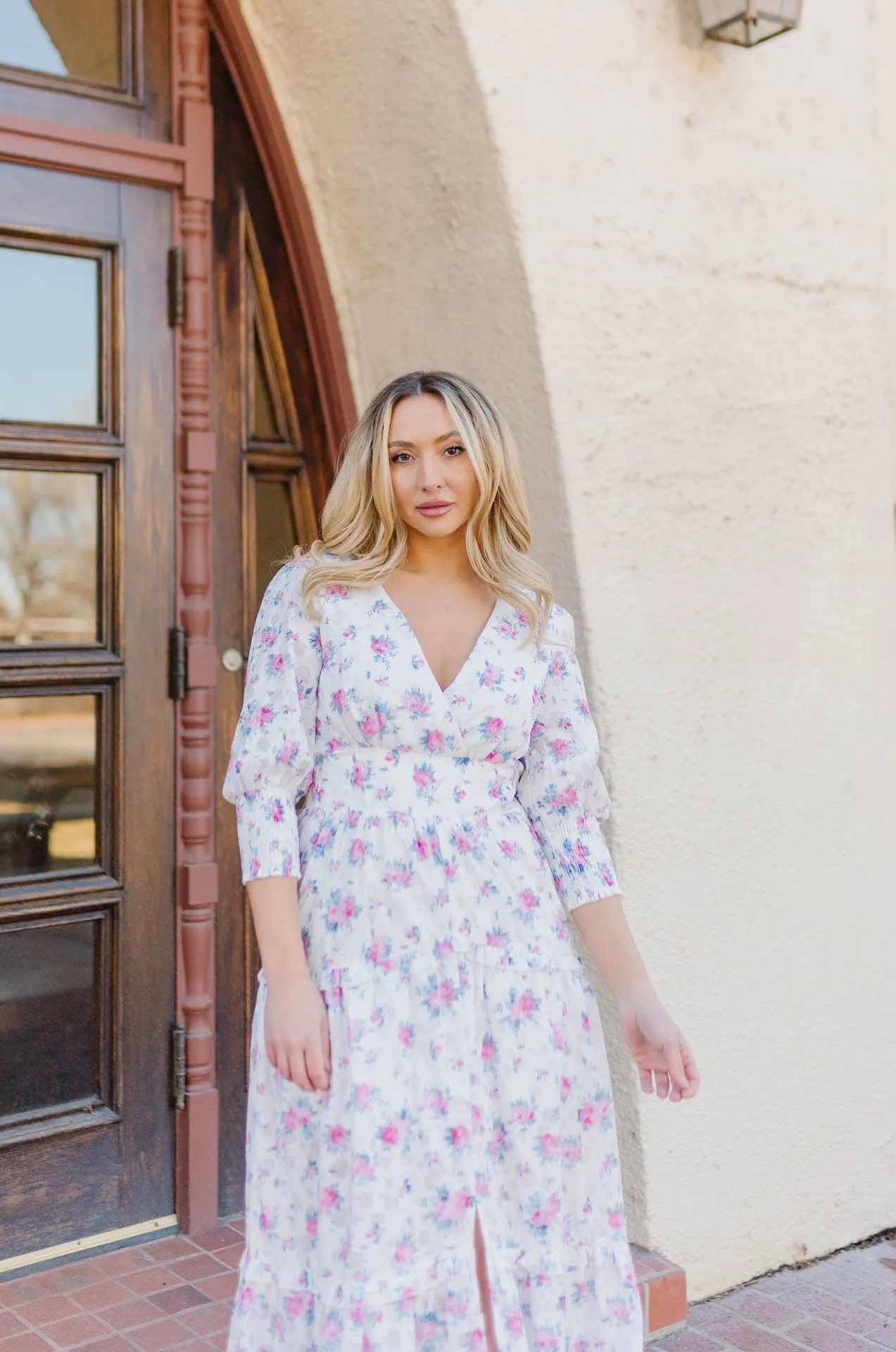 Ellese Pink Floral 3/4 Sleeve Tiered Maxi Dress