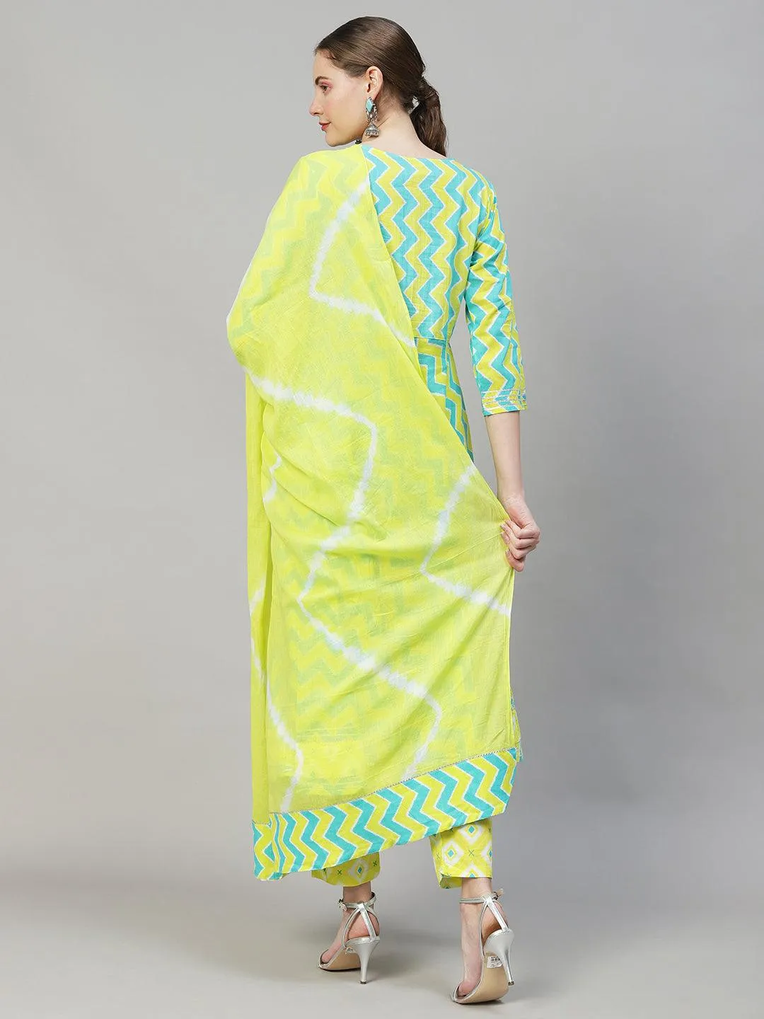 Ethnic Printed & Embroidered Flared Kurta with Pants & Dupatta - Multi