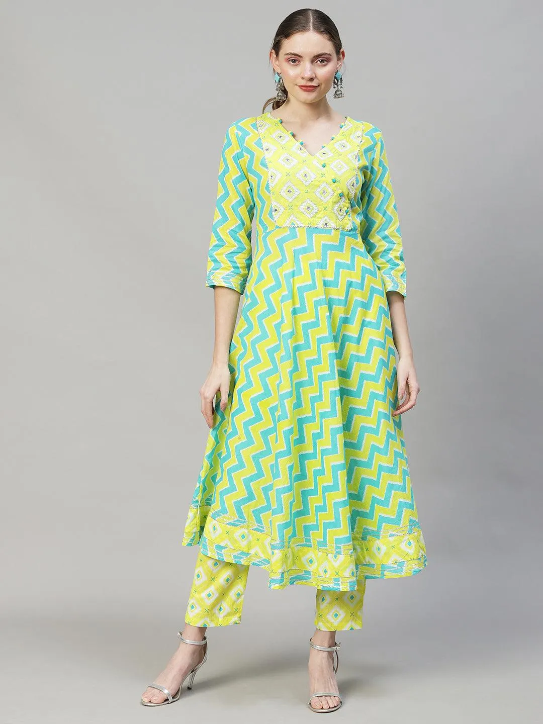 Ethnic Printed & Embroidered Flared Kurta with Pants & Dupatta - Multi