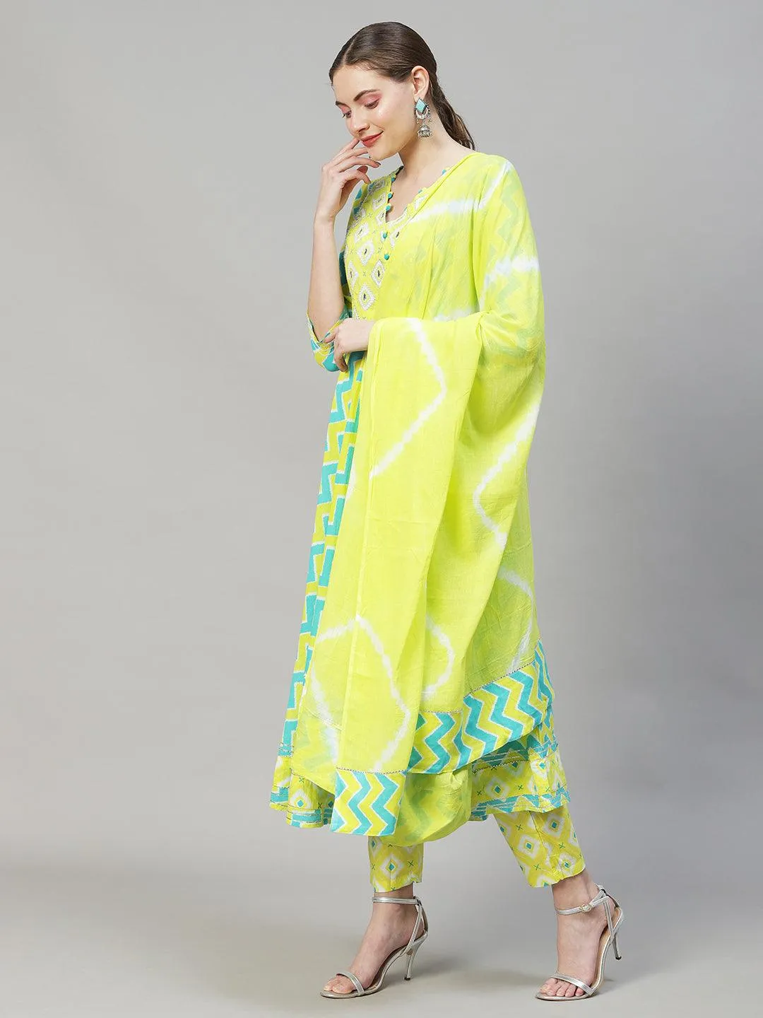 Ethnic Printed & Embroidered Flared Kurta with Pants & Dupatta - Multi