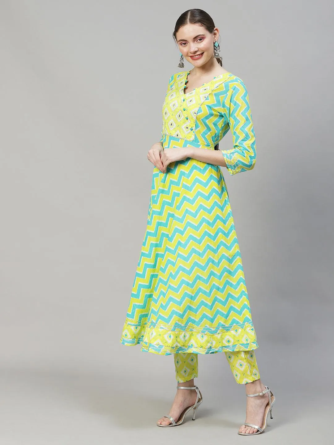 Ethnic Printed & Embroidered Flared Kurta with Pants & Dupatta - Multi