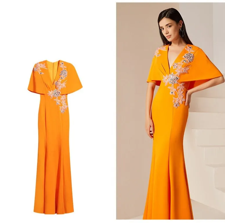 Evening yellow mustard new high-end banquet host dress long fishtail dress long skirt- Juila