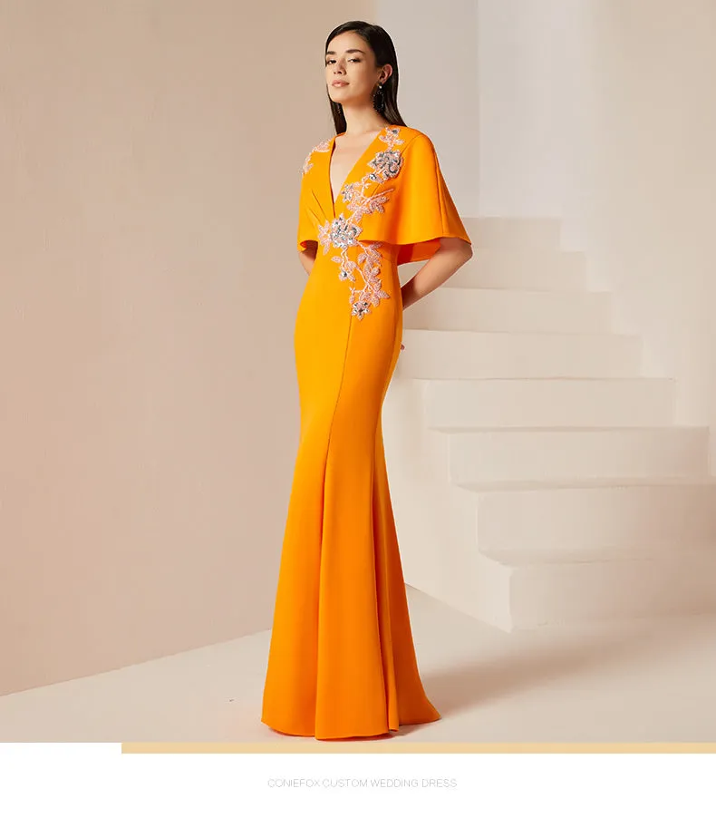 Evening yellow mustard new high-end banquet host dress long fishtail dress long skirt- Juila