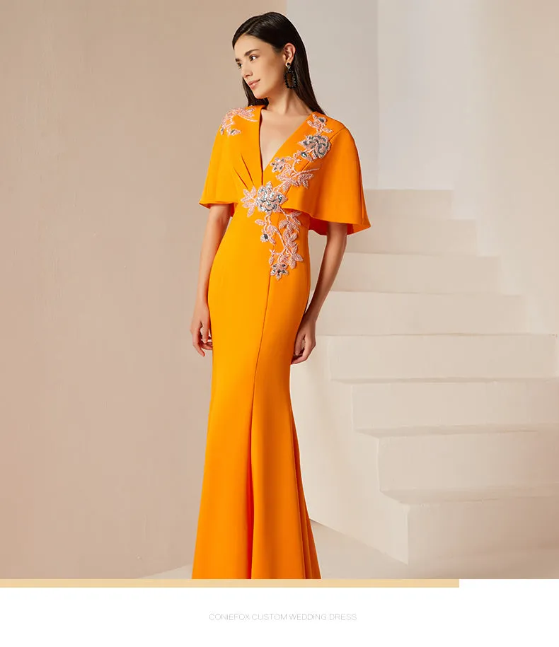 Evening yellow mustard new high-end banquet host dress long fishtail dress long skirt- Juila