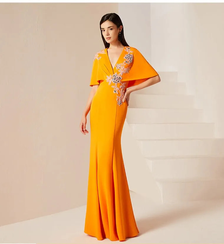 Evening yellow mustard new high-end banquet host dress long fishtail dress long skirt- Juila